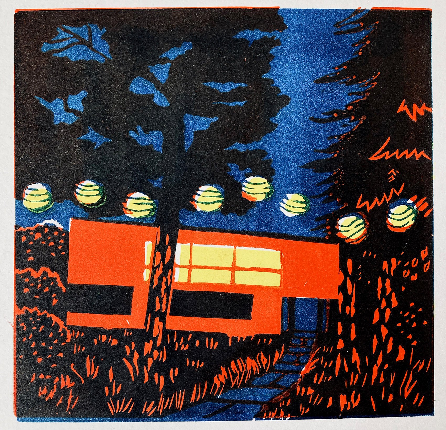 Modernist House in the Woods. Linoprint. 30 x 30cm. £45 unframed