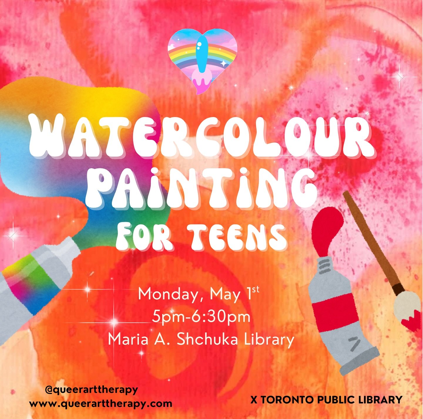 🎨 🍪 Calling all creative teens!
Join us at Toronto Public Library for an afternoon of watercolour painting.
Expressive arts therapy believes that everyone is an artist, and that the
arts are inherently healing. Participants can expect to explore ne