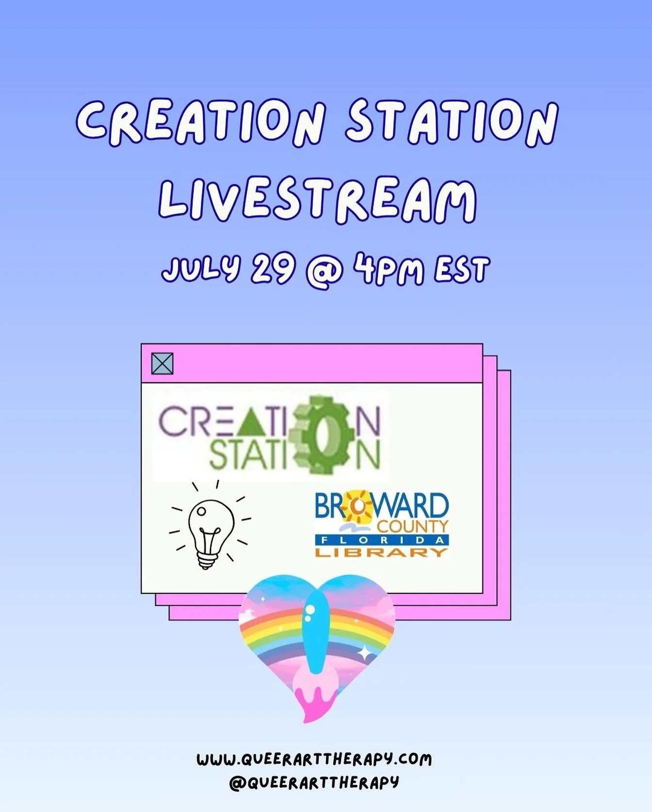 Catch me live on Creation Station, by @browardlibrary ⚙️ Streaming here on IG Live and YouTube (link in bio). 

Creation Station Monthly is a 45-60 minute monthly program that brings two strangers together to talk about a creative topic they both are