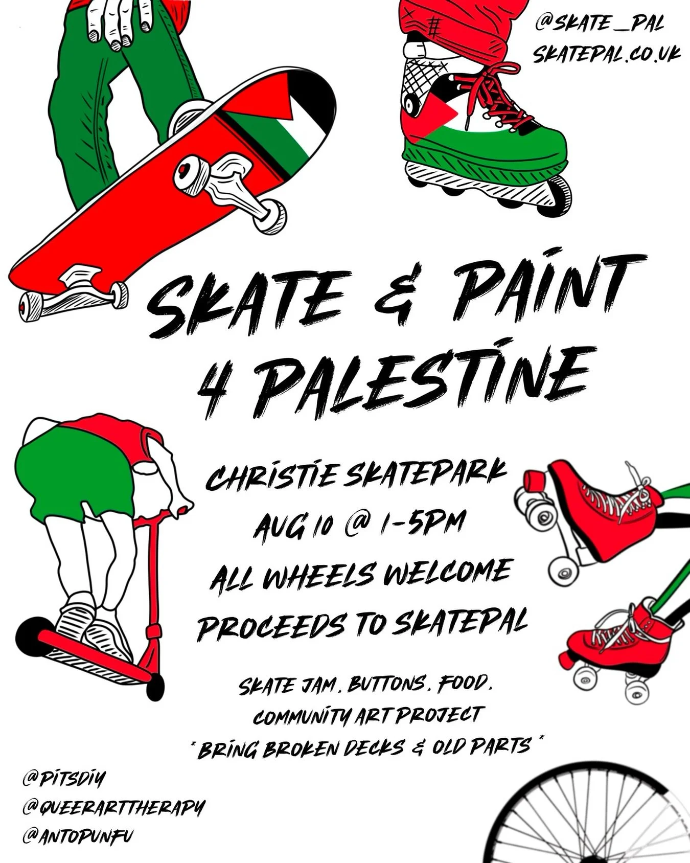 Skate &amp; Paint for Palestine fundraiser 🇵🇸 

Join us at Christie Pits skatepark @pitsdiy on Aug 10 at 1-5pm to skate, paint a community art project, enjoy some food and buy merch. All proceeds go towards @skate_pal 

BRING BROKEN DECKS AND OLD P