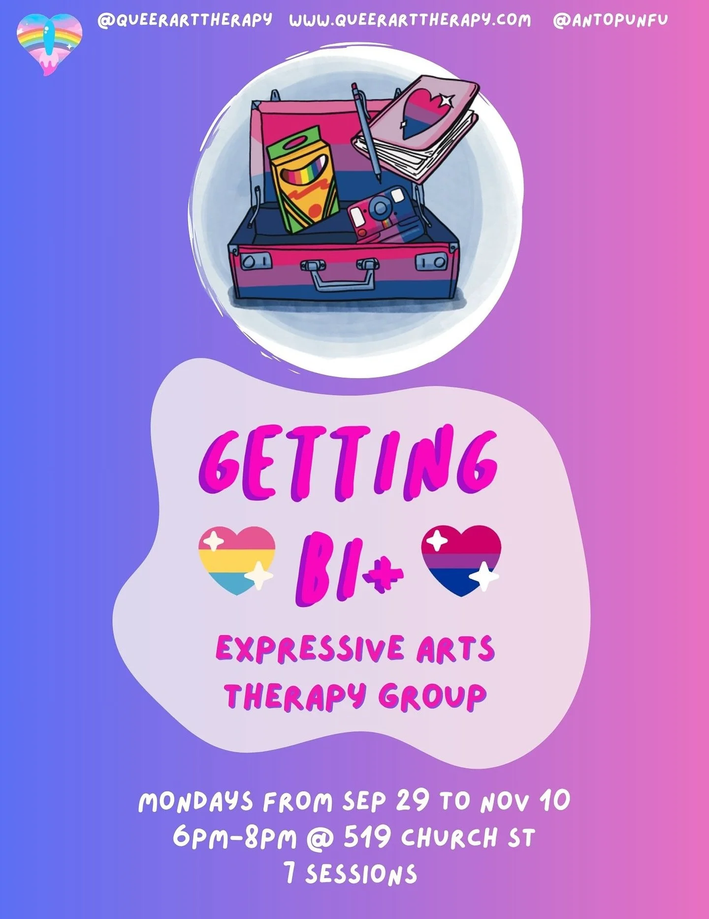 Sign up link in bio! 🌈 

Getting Bi+ is a 7-week expressive arts therapy group created to celebrate identity, engage creatively in community, and explore challenges that come with bisexuality, pansexuality, questioning and multi-gender attraction, w