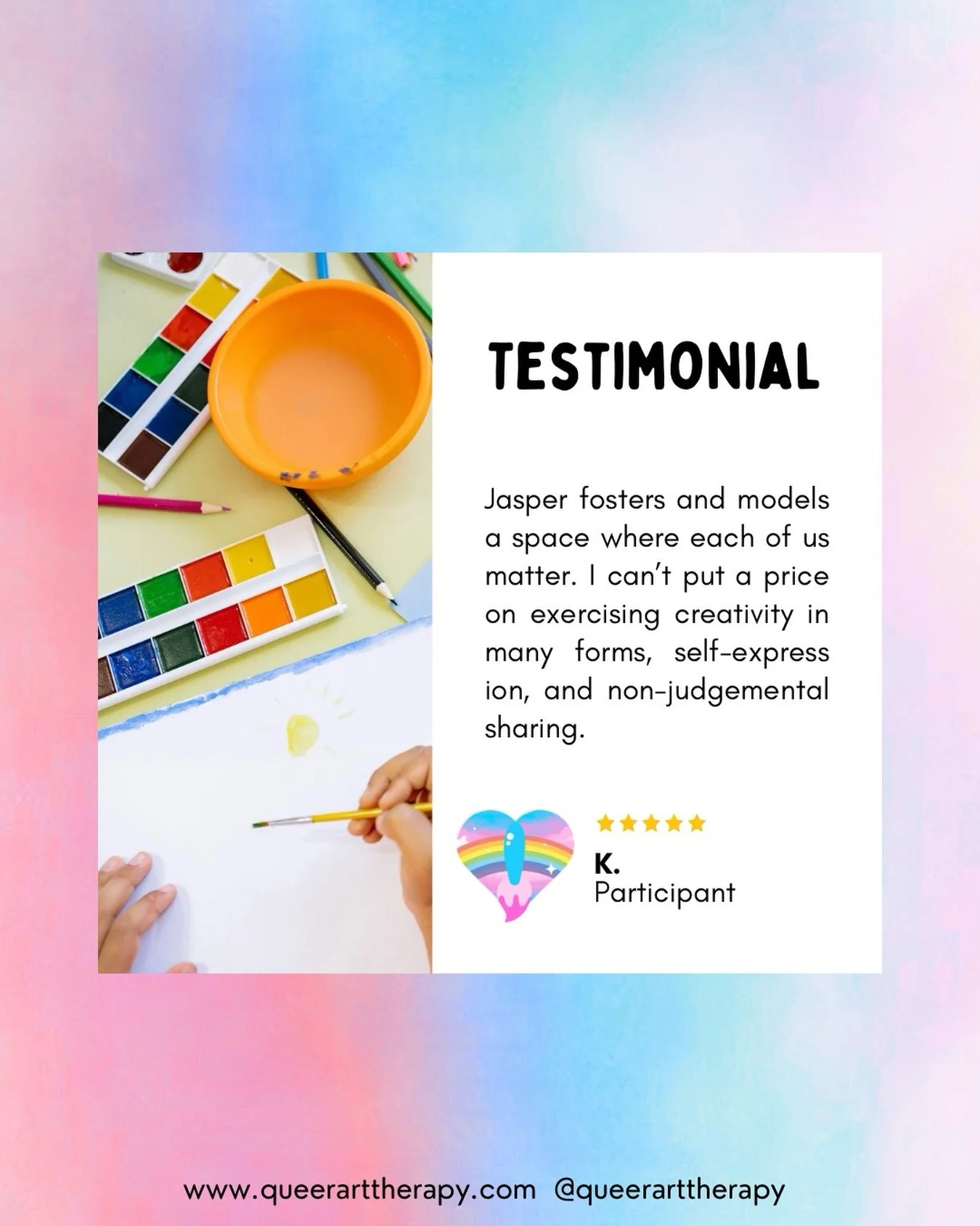 If you&rsquo;re interested in booking a workshop for your organization, company, or school, visit www.queerarttherapy.com. Also stay tuned for upcoming expressive arts therapy groups, being announced soon!

This is a testimonial from a group particip