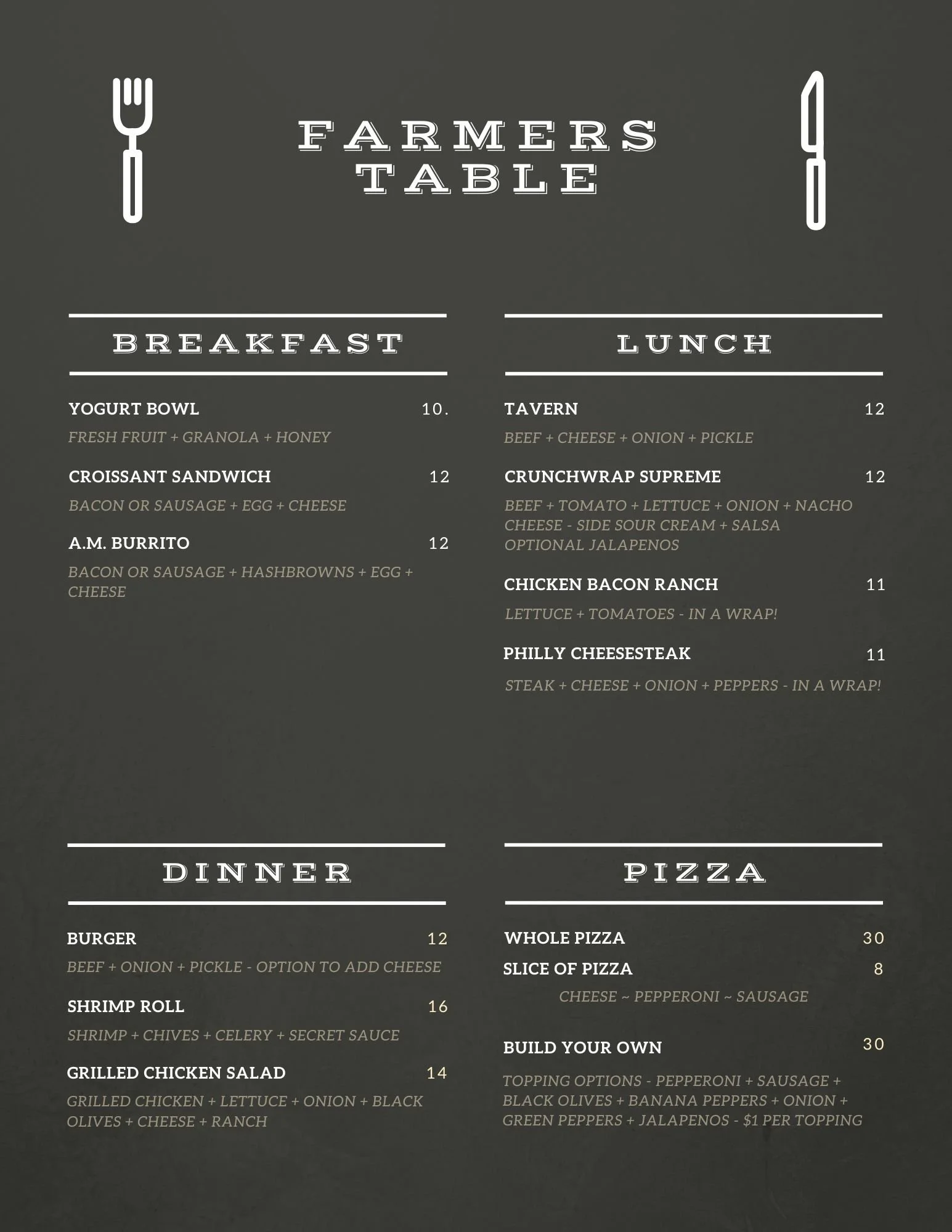 Farmers Table Food Menu