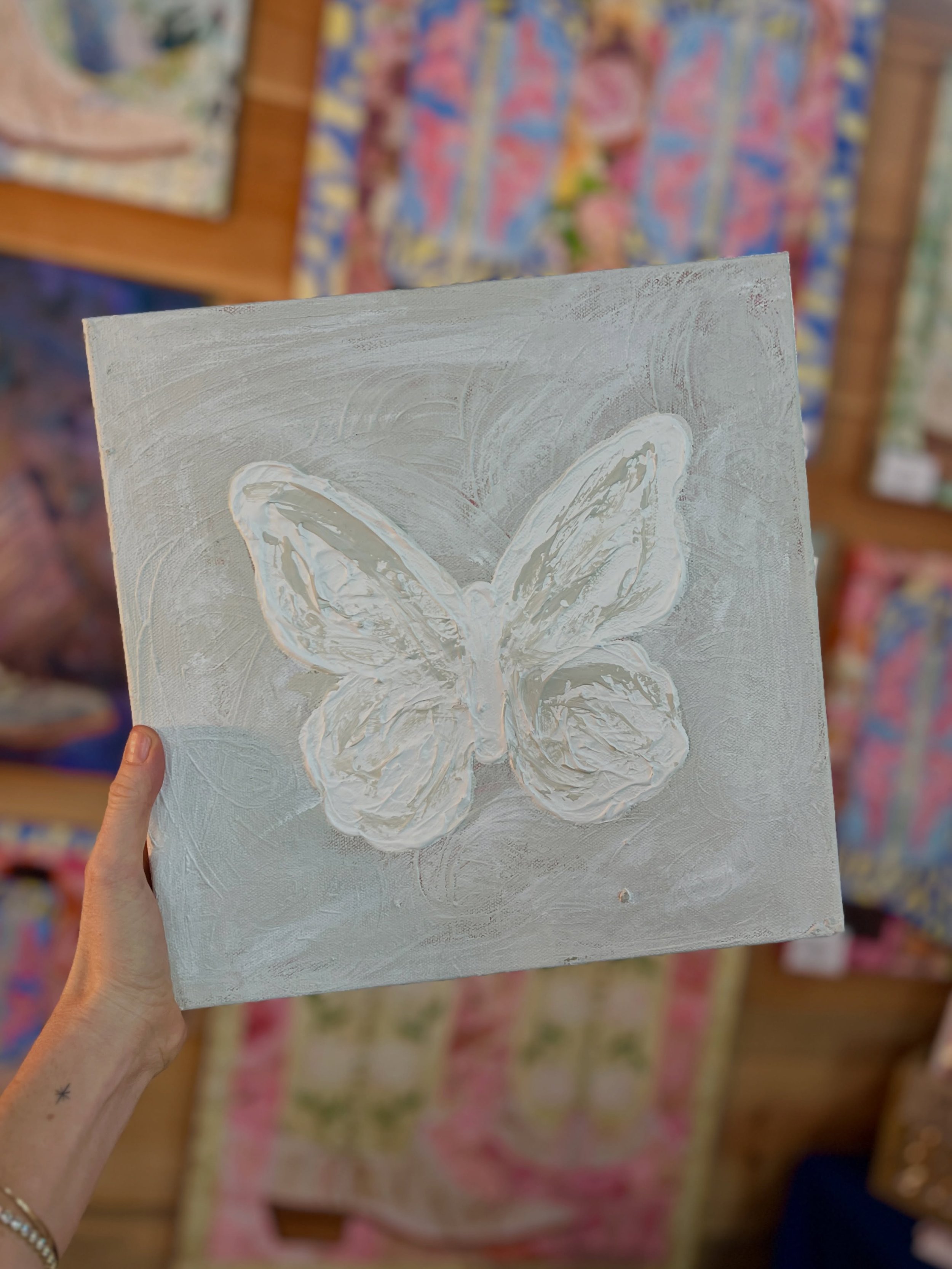 Not so much a boot person? I still have wonderful art for you! Original art Hearts and Butterflies are perfect for your wall or shelf. Available in 12x12, 8x8, and 6x6 at @roundtopmakersmarket @bluehillsatroundtop