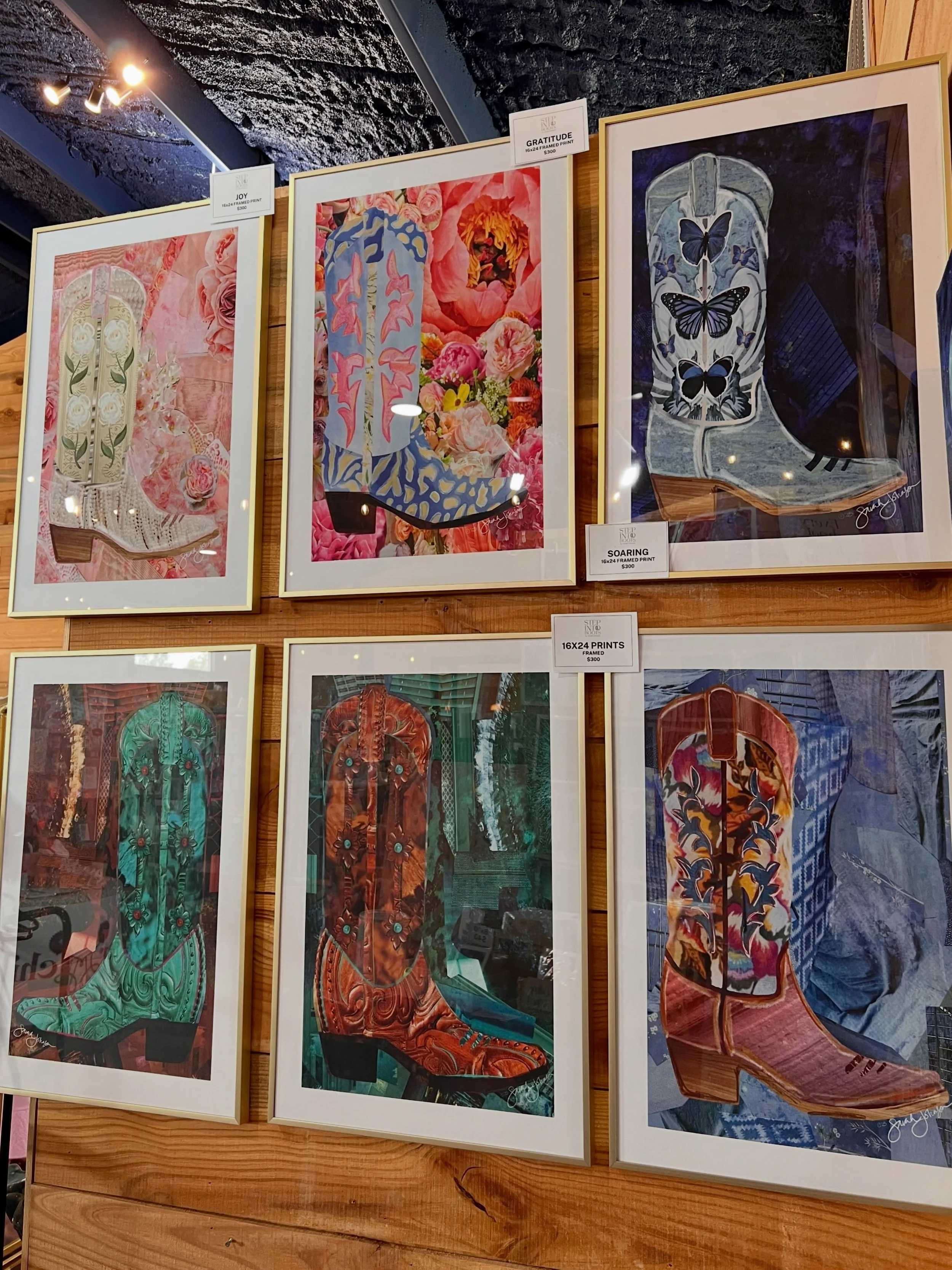 Framed Step Into Boots!! These 16x24 Framed boots are ready to go home and hang on your wall! Available at @roundtopmakersmarket at @bluehillsatroundtop 

DM to purchase also - and we can arrange shipping / delivery! 

#westernart #cowboyboots #weste