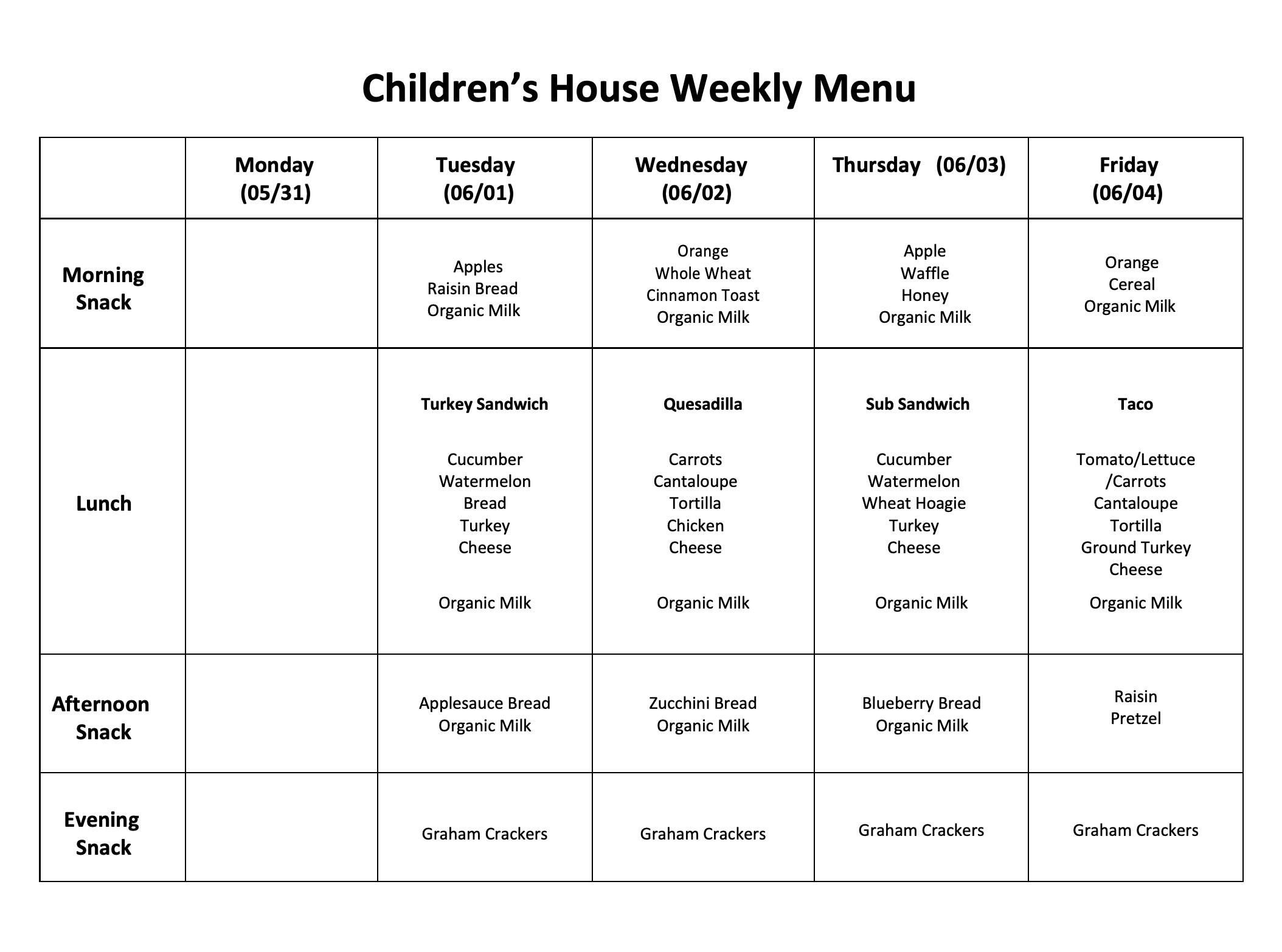 Weekly Menu — Children's House of Columbia Montessori