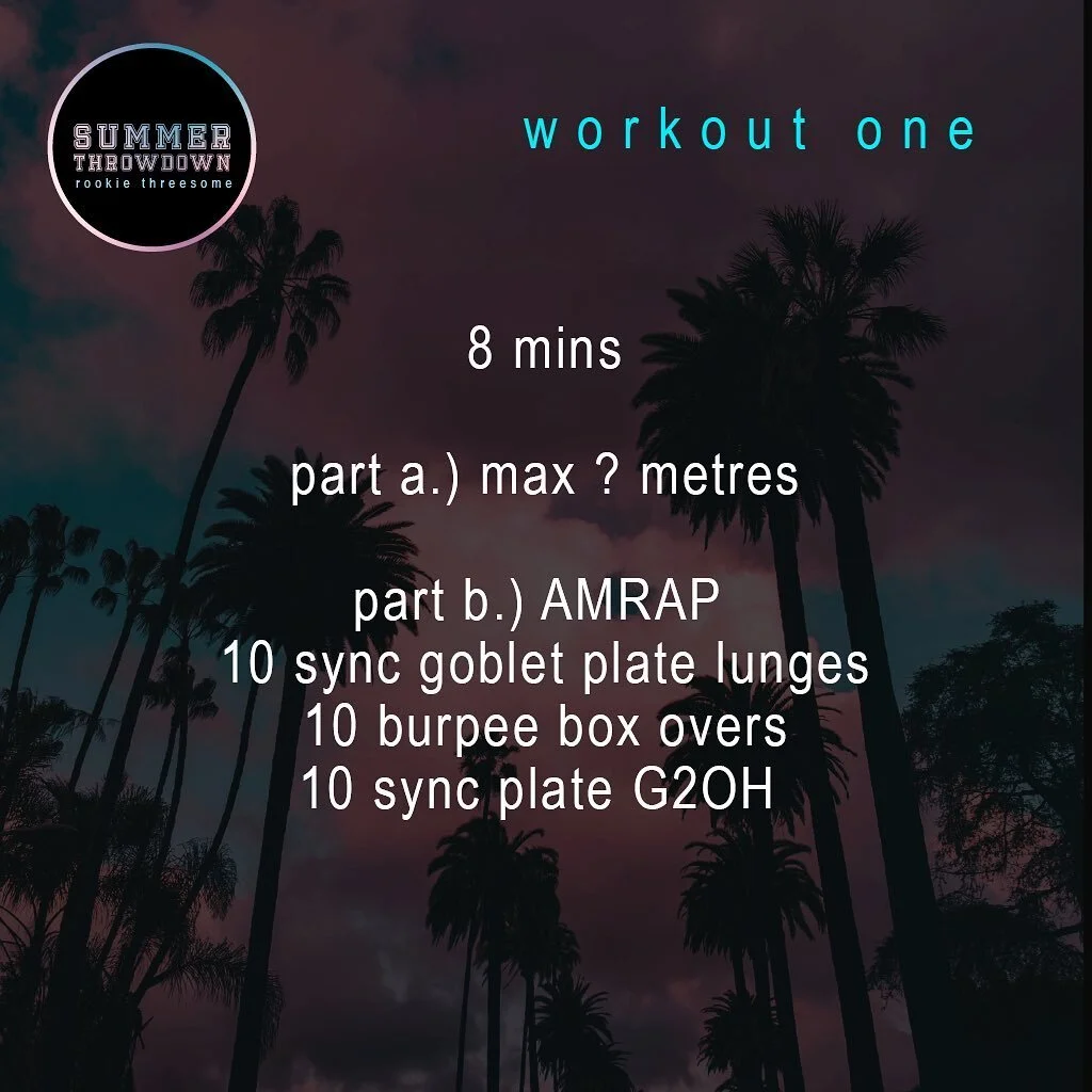 WOD 1 🌴 Summer Throw down Rookie Threesome 🌴 

8 mins 
Part a.) max ? metres 
Part b.) AMRAP
10 sync goblet plate lunges 
10 burpee box overs 
10 sync plate ground to overhead 

Full wod briefing will be given on the day. Any questions, ask the jud