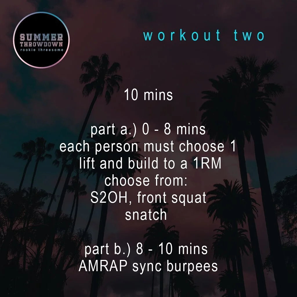 WOD 2 🌴 Summer Throwdown Rookie Threesome 🌴 

10 mins total time 

Part a.) 0-8 mins 
Each team member must choose 1 lift from either S2OH, front squat or snatch and establish their 1 rep max. 

Part b.) 8-10 min 
AMRAP max sync burpees 

#wod #tea
