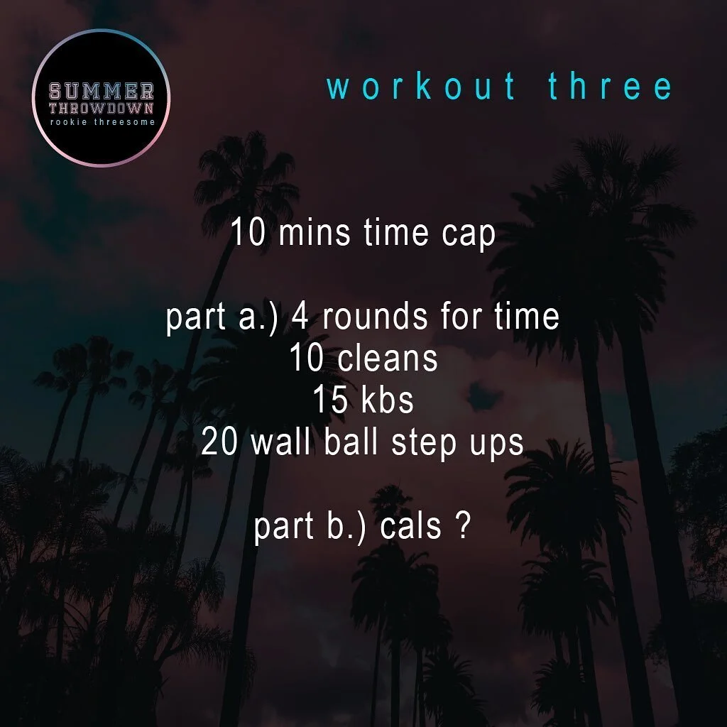 WOD 3 🌴 Summer Throwdown Rookie Threesome 🌴 

10 mins time cap
Part a and part b happen simultaneously 

Part a.) 4 rounds for time 
10 cleans
15 kbs 
20 wall ball step ups 

Part b.) cals ???

All explained on the day. Full briefing will be given 