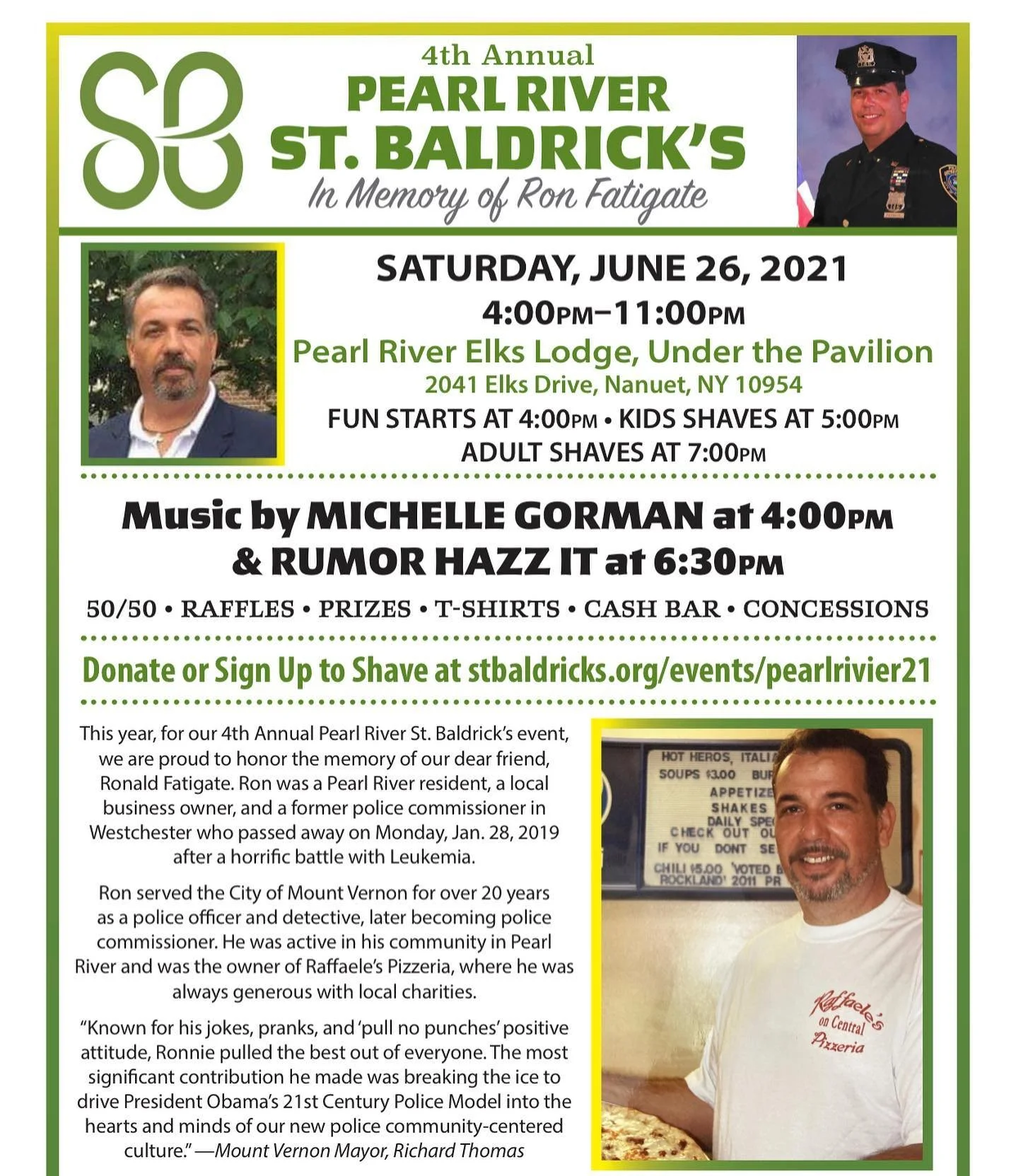 4th Annual Pearl River St. Baldrick&rsquo;s in memory of Ron Fatigate is this Saturday, June 26th at the Elks Lodge! Please join us for some fun, head shaving, and even eyebrow shaving! If you can&rsquo;t make it, please consider donating to support 