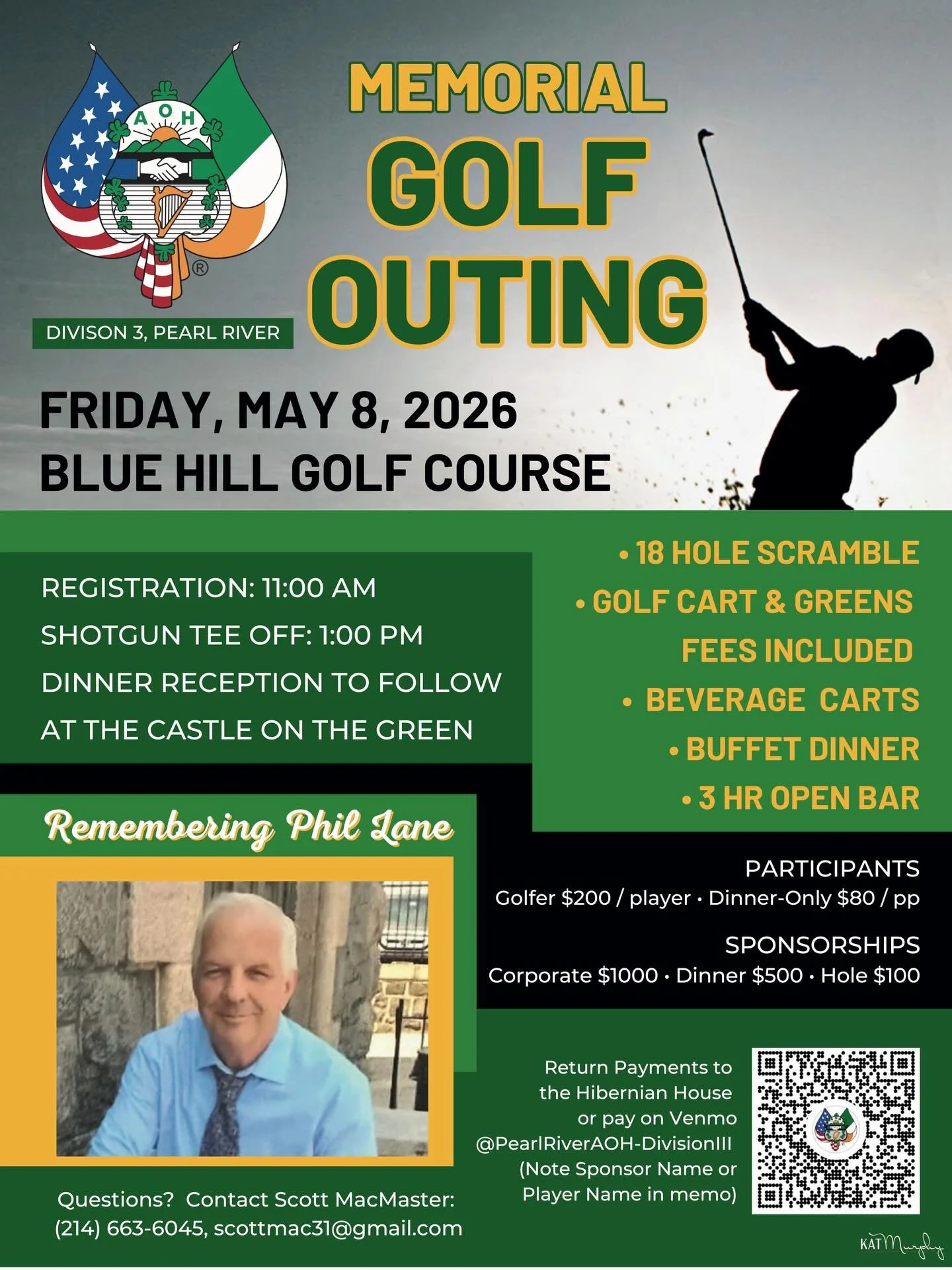 One of my favorite days of the year is back! ⛳️

AOH Memorial Golf Outing In Memory of Phil Lane 💛
May 8 at Blue Hill 
18 holes, good company, open bar, and a night that always delivers.

I&rsquo;ll be there (running around, per usual)&mdash;come jo