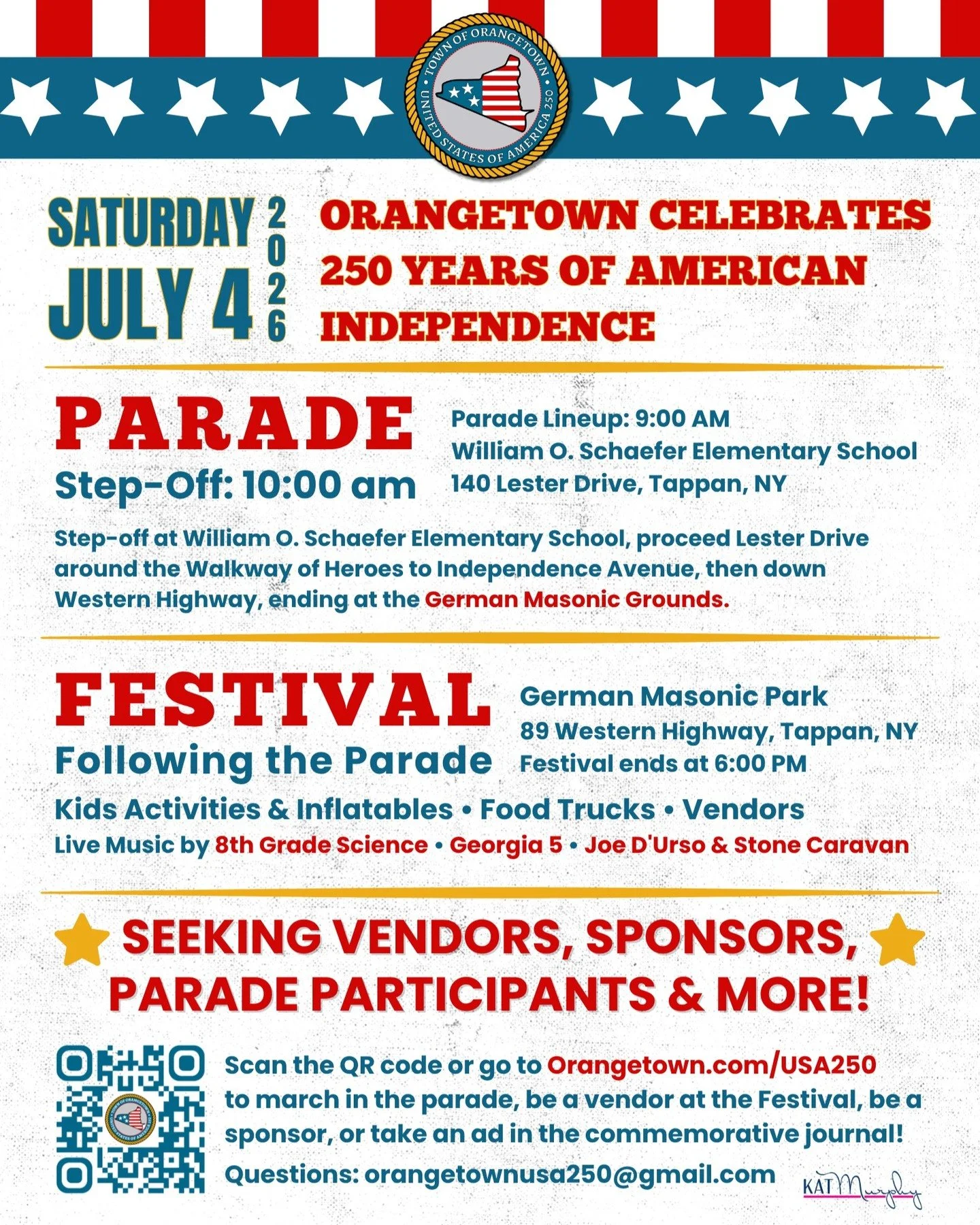 A milestone like this only comes around once in a generation.

Orangetown USA250 is looking for sponsors, journal advertisers, parade participants, vendors, and community groups to be part of our July 4, 2026 celebration. 

Want something truly uniqu