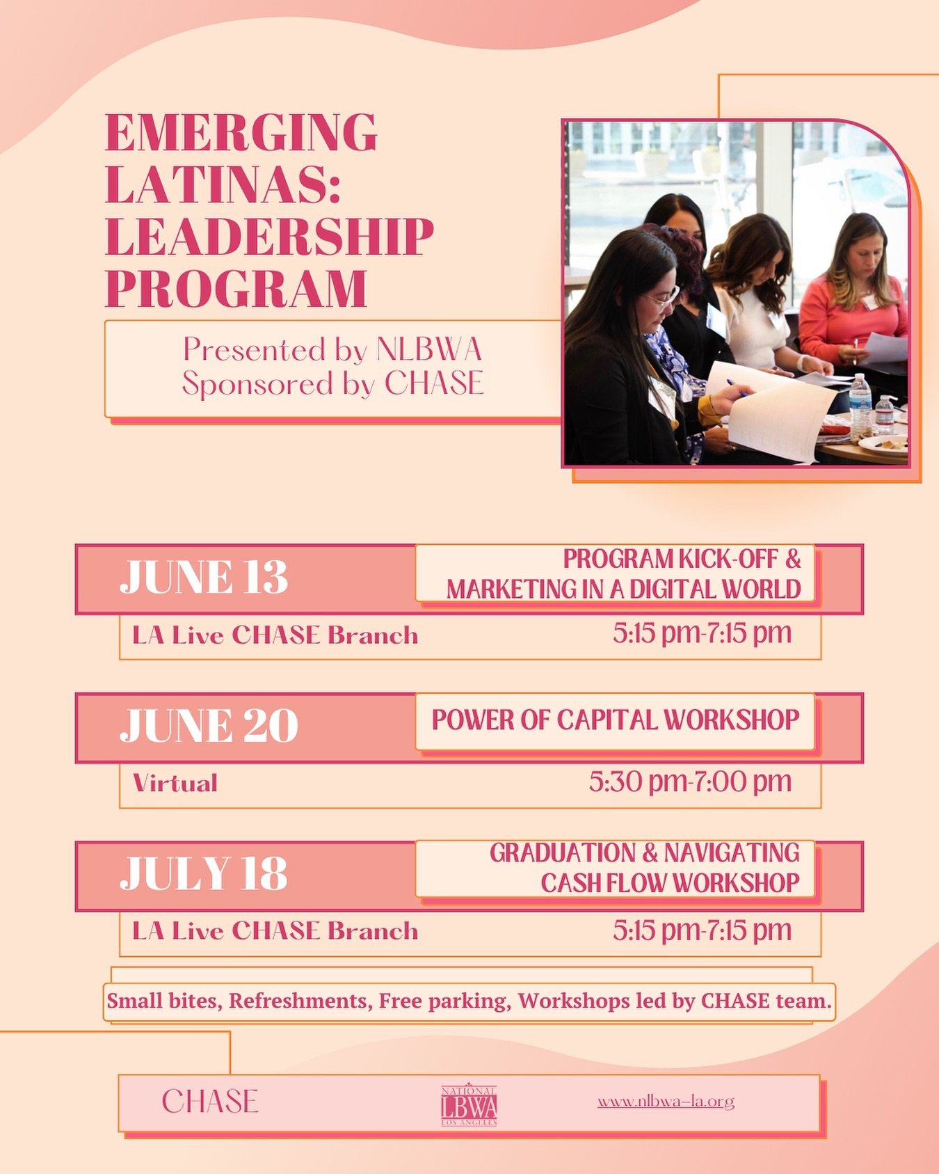 Elevate your leadership game!👏🏼 Join us for an empowering series of workshops in partnership with CHASE on self-development and leadership enhancement!🙌🏼

From perfecting your digital marketing to navigating cash flow challenges, our program has 