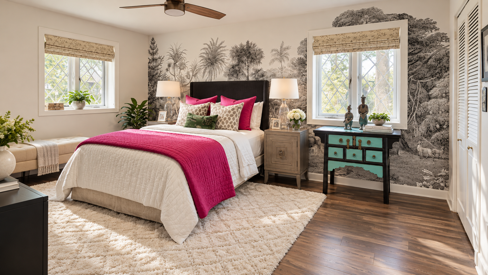 Elegant Bedroom with Fuchsia Accents and Mural.png