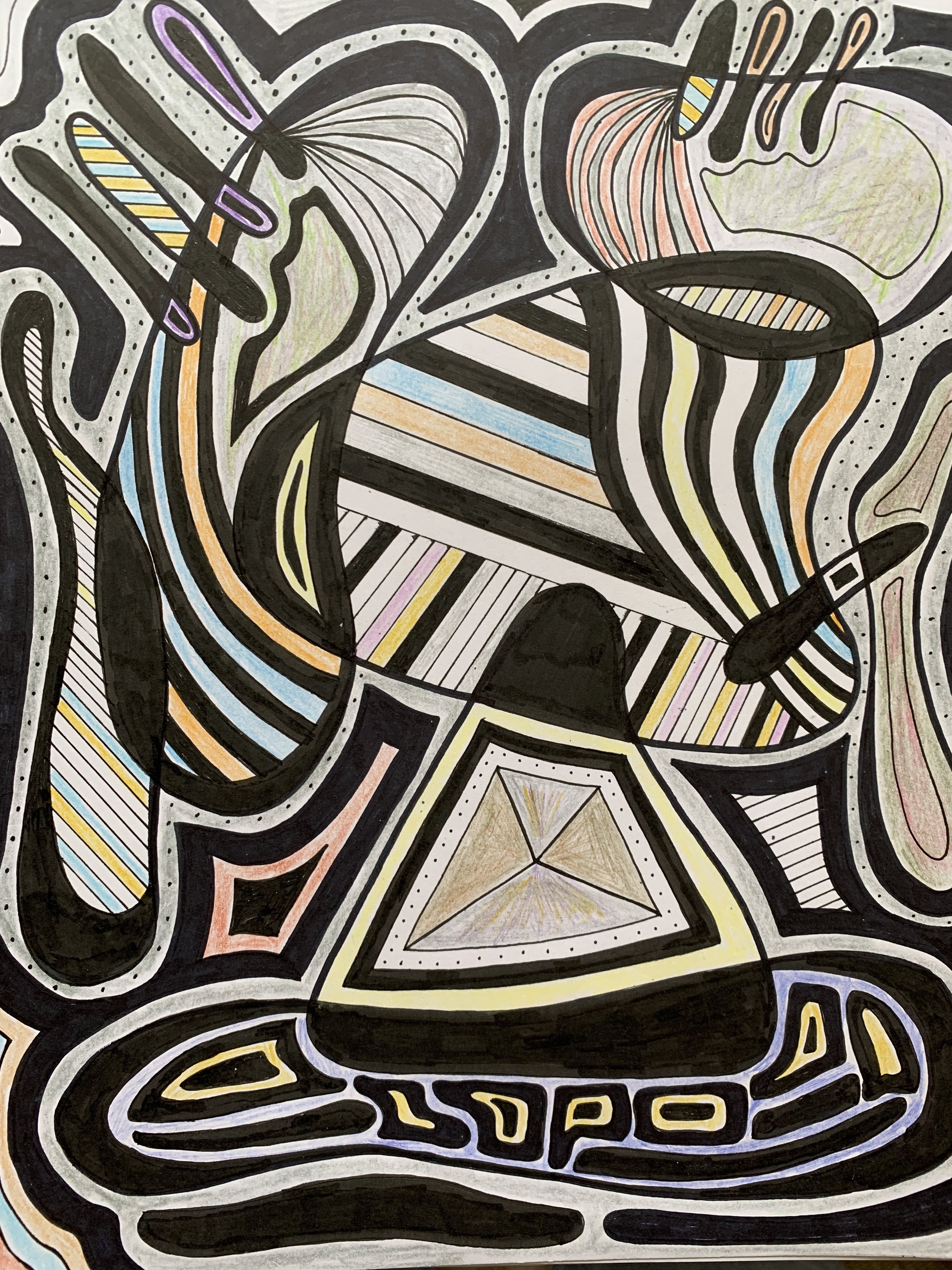 Abstract geometric drawing with black lines and colorful details, featuring shapes like rectangles, lines, and curvy forms.