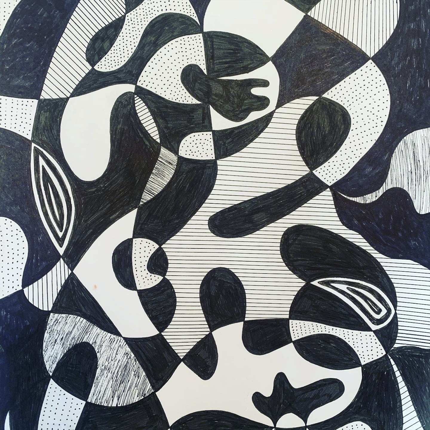 Abstract black and white geometric drawing with flowing shapes, lines, dots, and patterns.