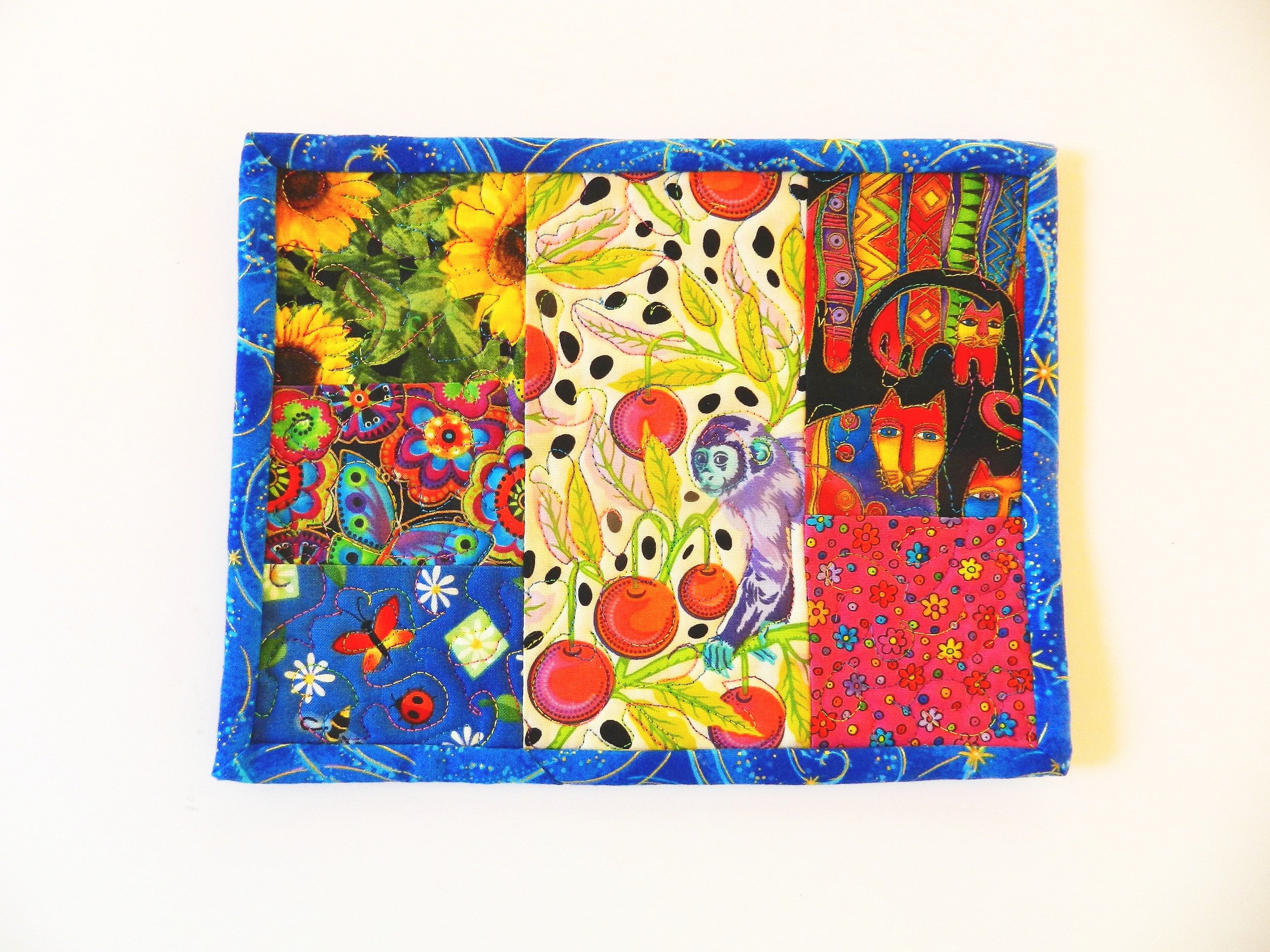 Laurel Burch Cats, Tula Pink Monkey, and Floral Sunflower Mug Rug