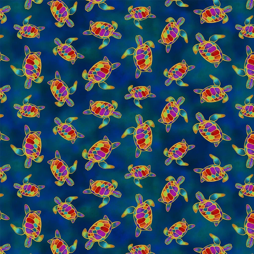 Laurel Burch Oceania Turtles Navy Blue Metallic by Clothworks