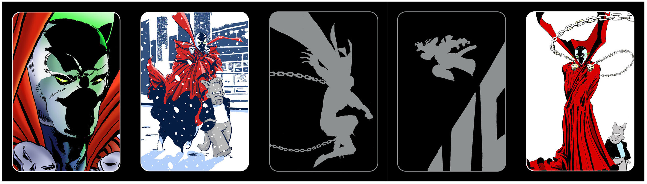 PREMIUM TRADING CARDS. LEFT to RIGHT: Spawn portrait with every Ashcan, Spawn and Cerebus with every Supplement, two Platinum foil cards with every Promotional book, Spawn and Cerebus with every Deluxe edition book.