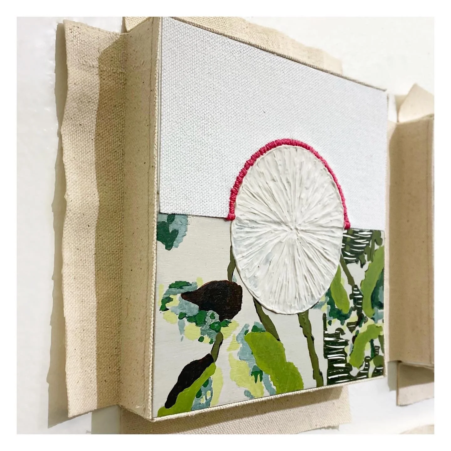 "Text to Speech" 2021, acrylic, molding paste, embroidery, and textiles