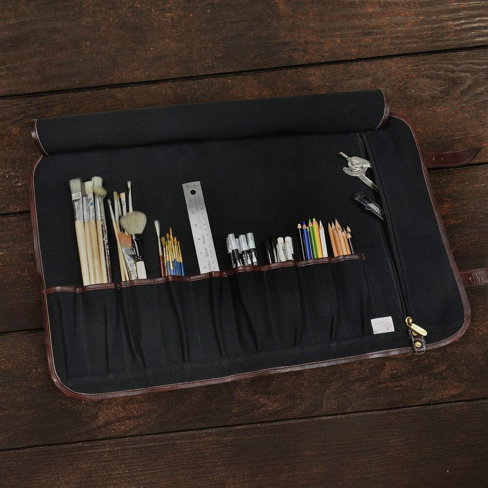 Global Art Canvas Pencil Roll Up Case - Black