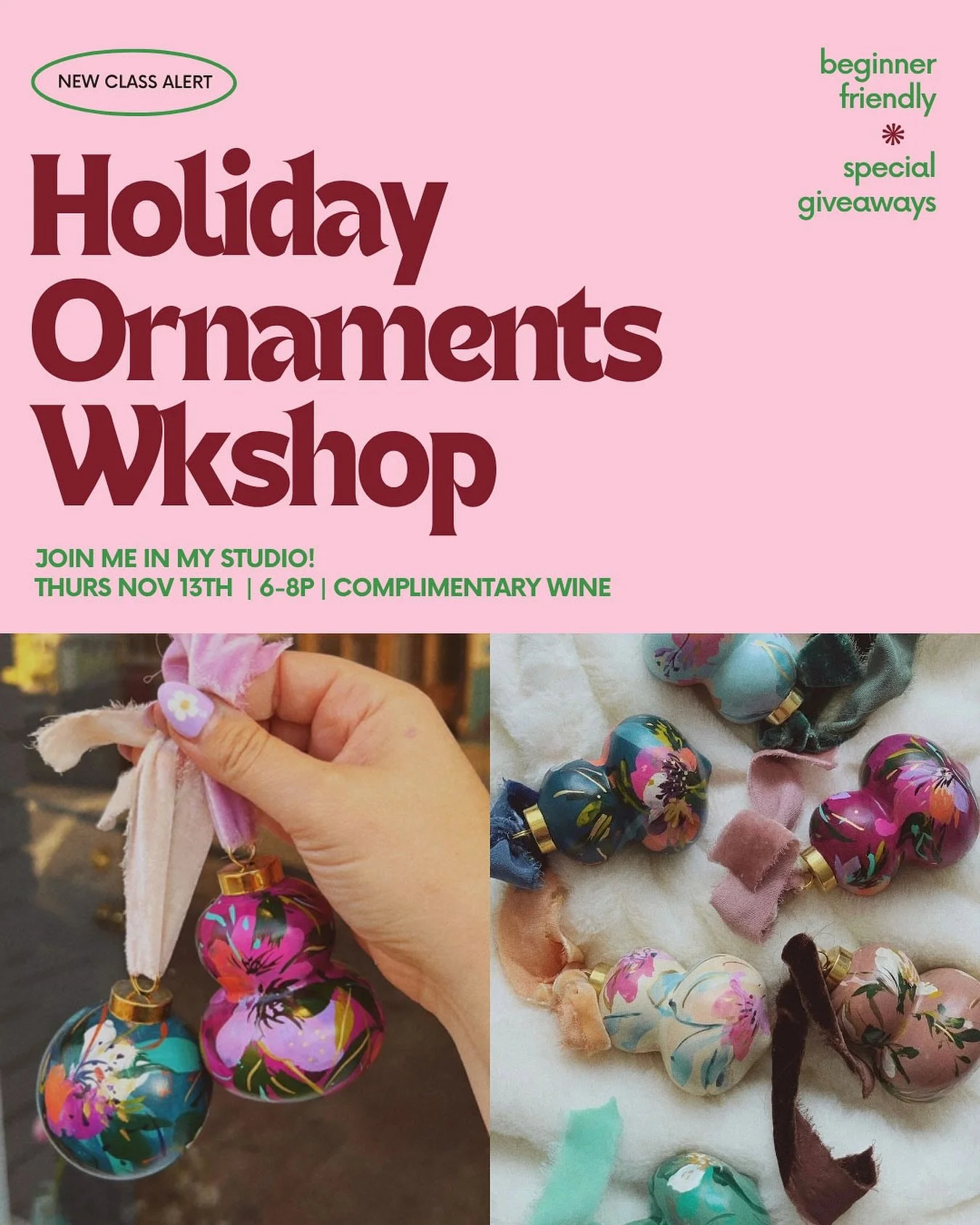 👉🏻 Come get cozy and creative with me in my studio! I’m hosting a brand NEW class where I’ll show you the secrets to painting your own pair of Holiday Botanical Ornaments 🎄don’t worry it’s beginner friendly and you can brin