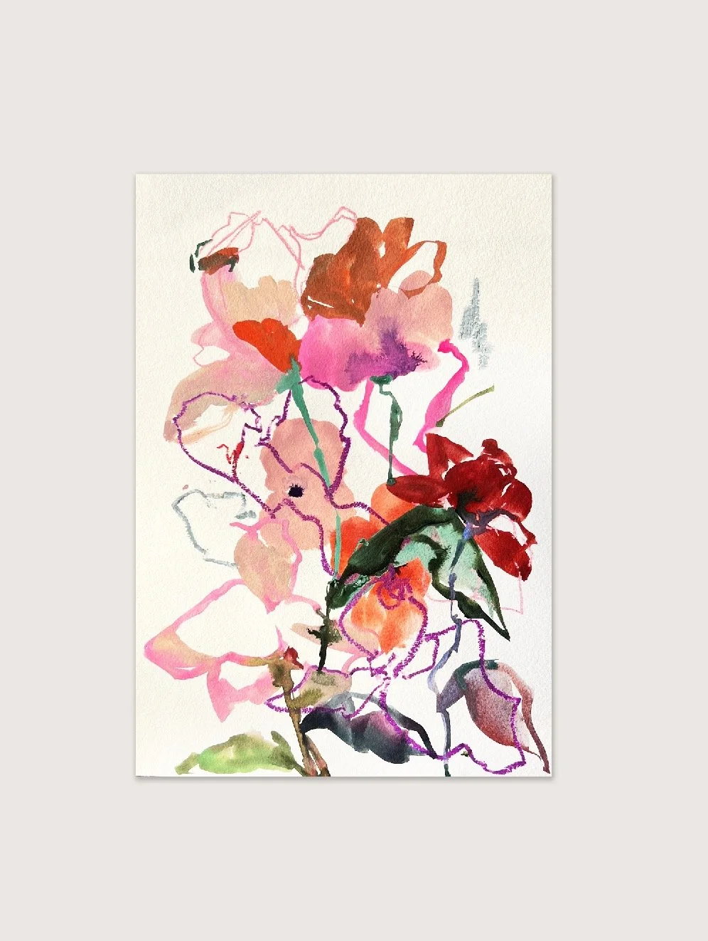 Abstract watercolor painting of flowers in vibrant colors including red, pink, orange, and purple, with green leaves and stems.