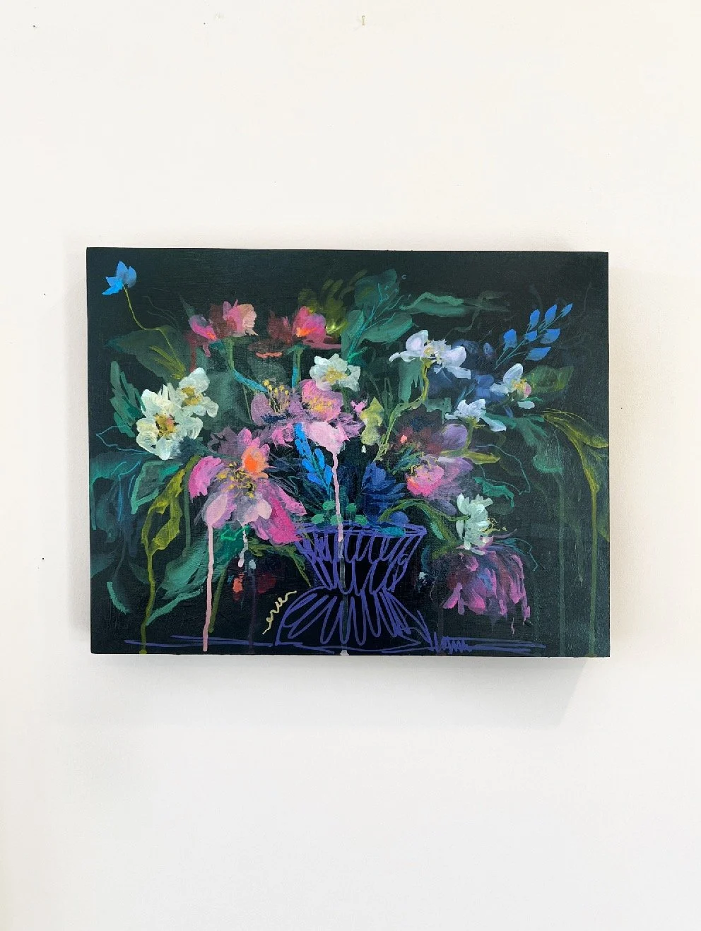 Abstract floral painting on canvas with vibrant colors