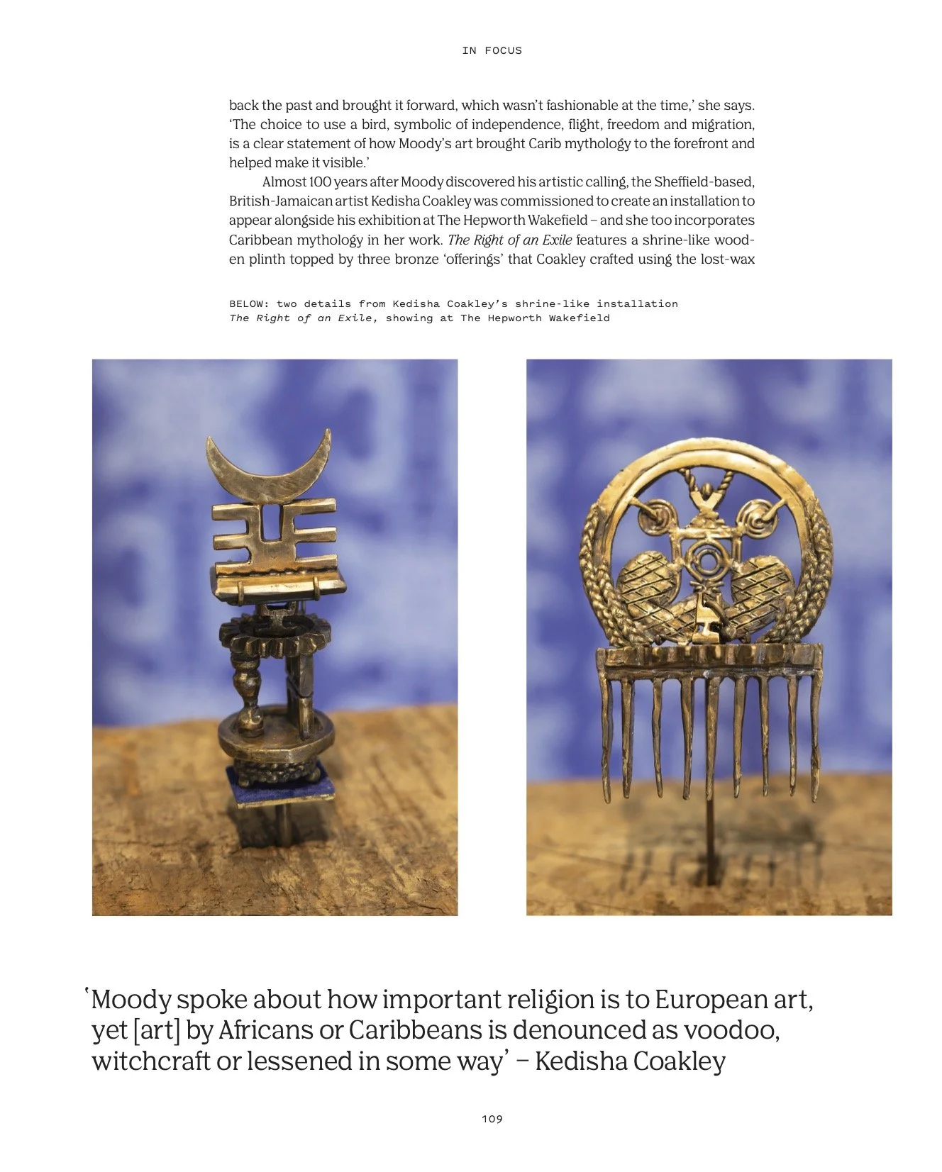 Two bronze artistic sculptures, one featuring a crescent moon and geometric shapes, the other a circular design with abstract elements, displayed on wooden surfaces.