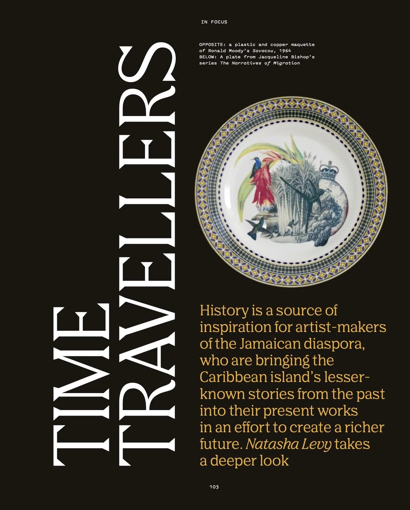 A decorative plate featuring a colorful parrot, sugarcane, and a crown, with a black border and intricate geometric patterns.