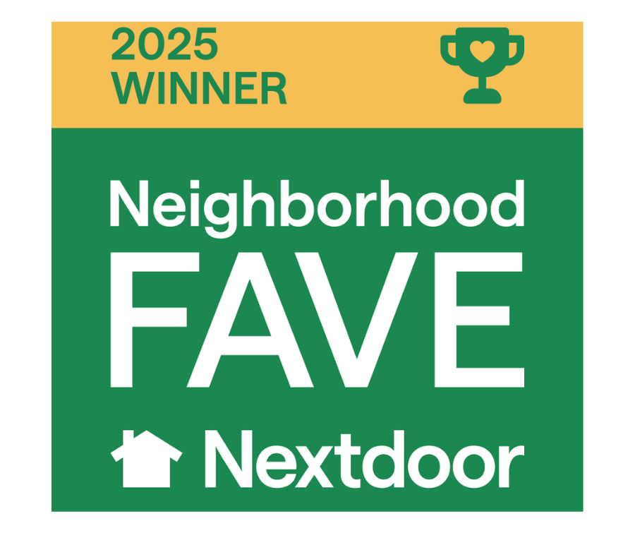 Green and yellow award badge for 2025 Neighborhood Favorite on Nextdoor, featuring a trophy with a heart, and a house icon.