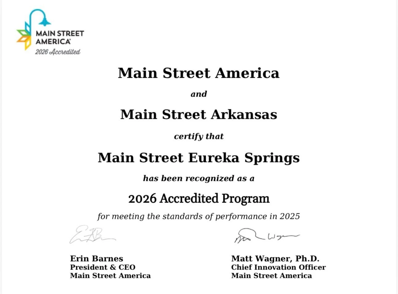 BIG NEWS FROM DOWNTOWN EUREKA SPRINGS

Main Street Eureka Springs has officially been recognized as a 2026 Accredited Program by Main Street America and Main Street Arkansas 🎉

This recognition reflects something much bigger than one organization. I