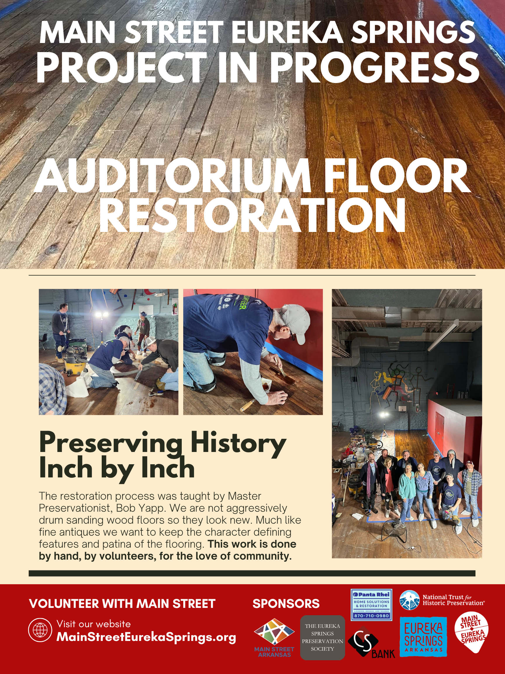 A poster announcing the Main Street Eureka Springs project upgrade with photos of volunteers restoring an auditorium floor, featuring a large wooden floor and a group photo of volunteers.