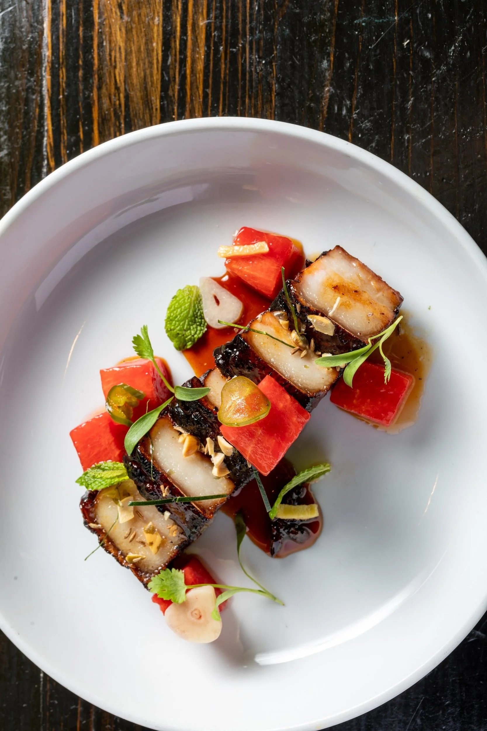 Watermelon Caramel-Glazed Pork Belly