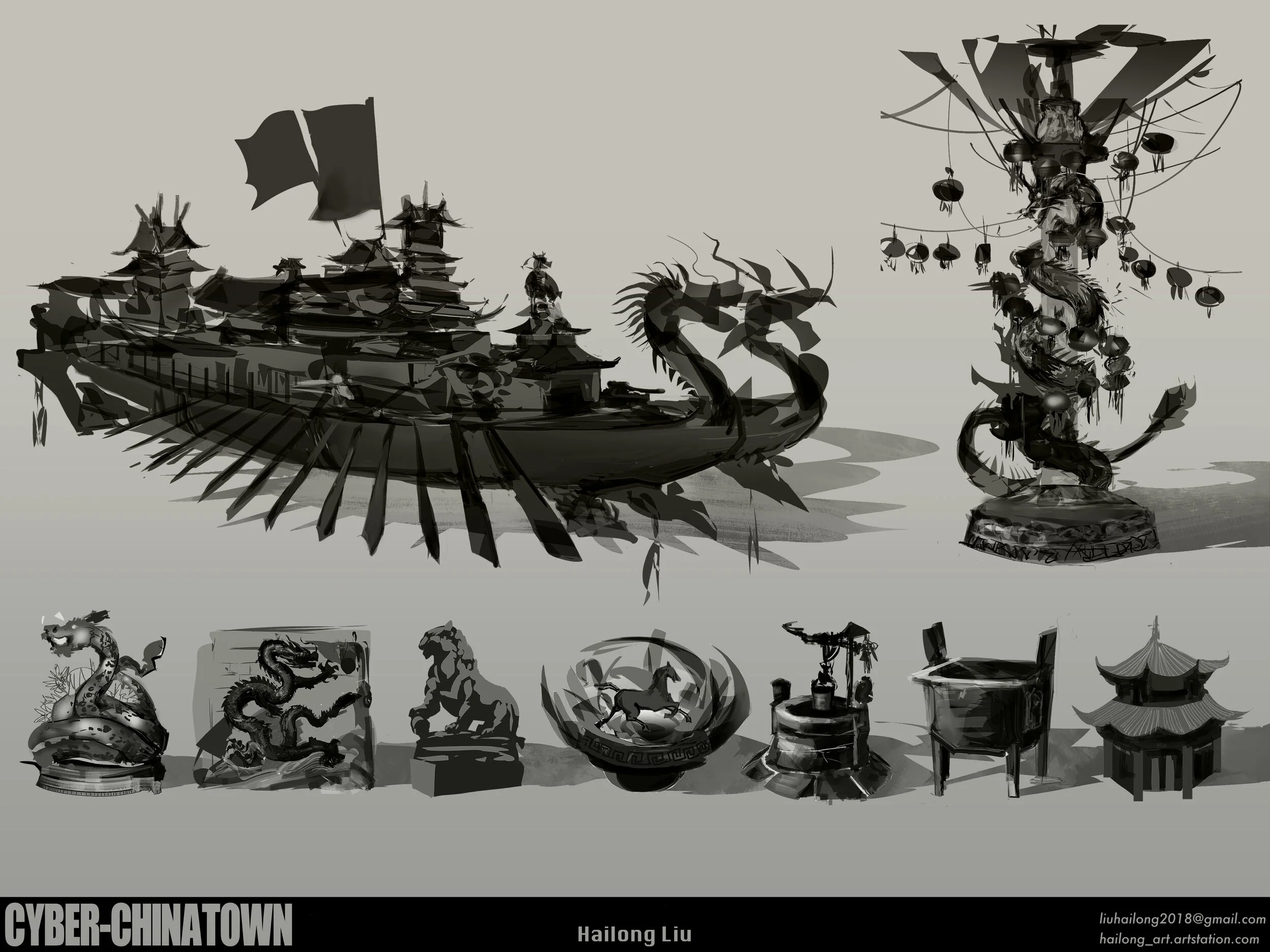 Concept Art Thesis Project - "Cyber-Chinatown" - Prop Design - Hailong Liu Artwork (2020)