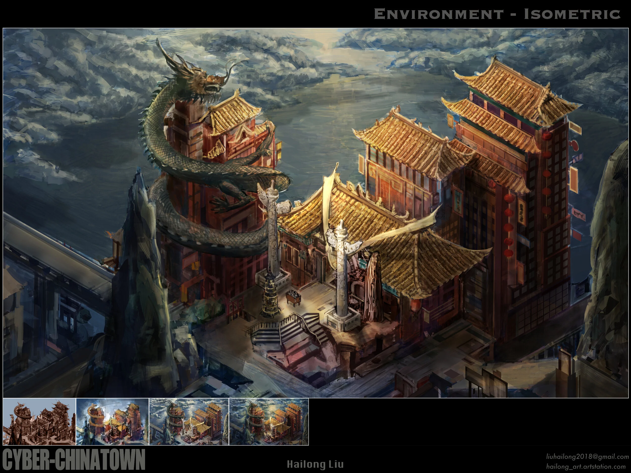 Concept Art Thesis Project - "Cyber-Chinatown" - Exterior Environment Design - Hailong Liu Artwork (2020)