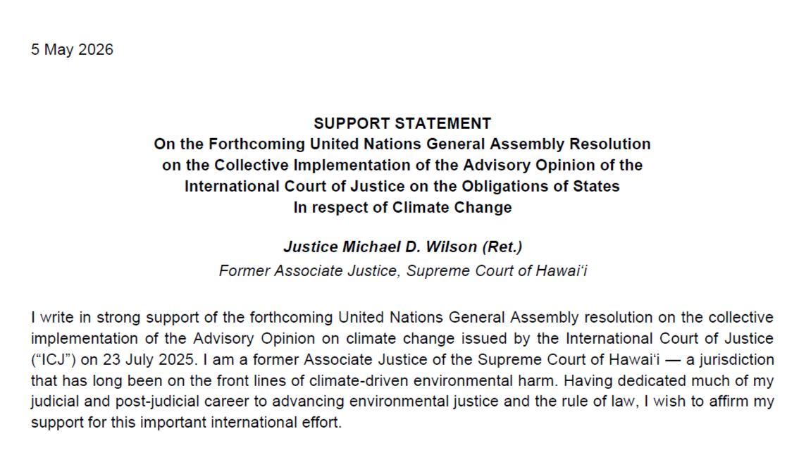 Justice Michael D. Wilson shares statement supporting upcoming UNGA resolution welcoming ICJ AO