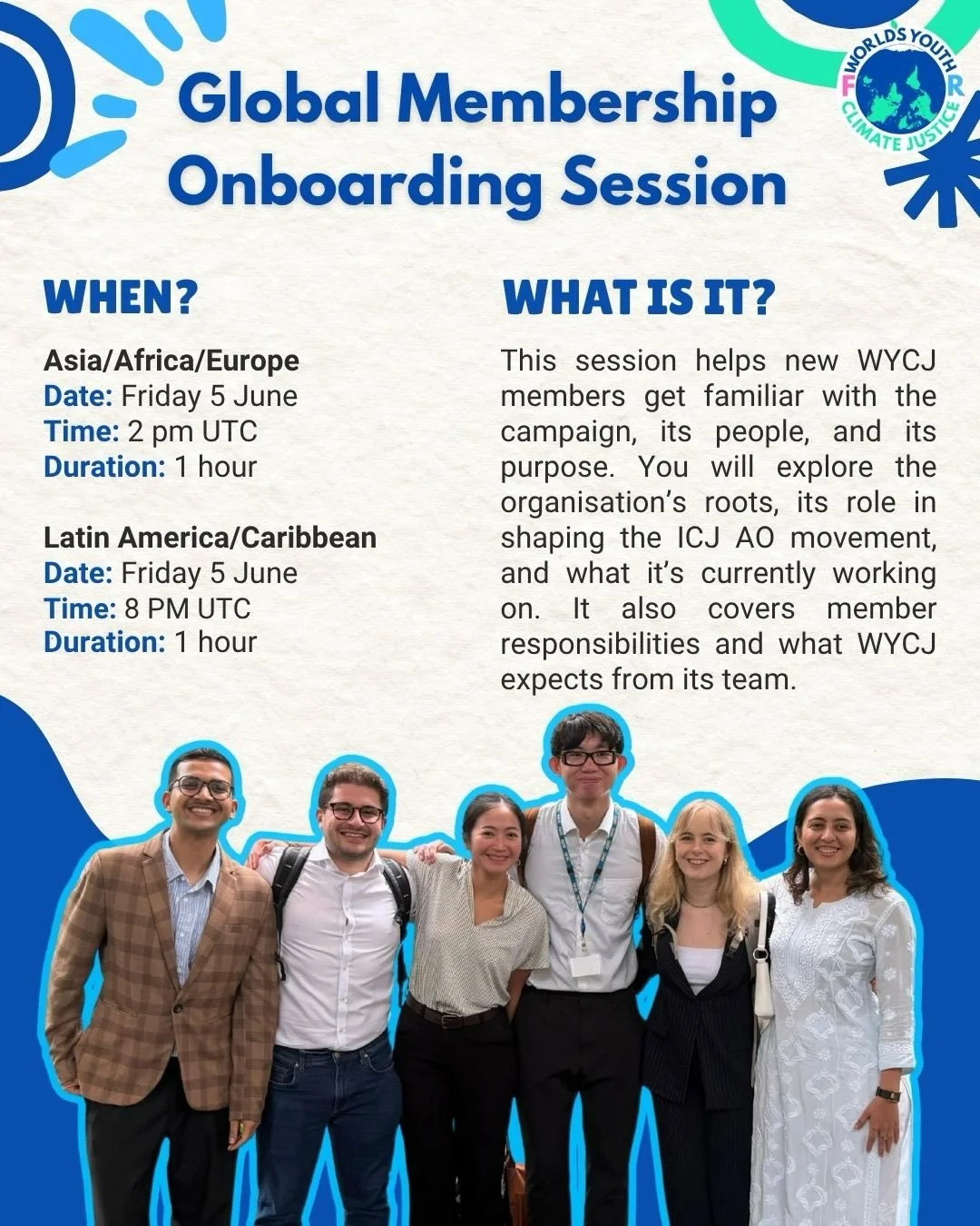 Join our Global Membership Onboarding Session and become part of WYCJ! 🙌

This Friday, on 5 June, World&rsquo;s Youth for Climate Justice (WYCJ) organises two Global Membership Onboarding Sessions to welcome new stubborn optimists to the organisatio