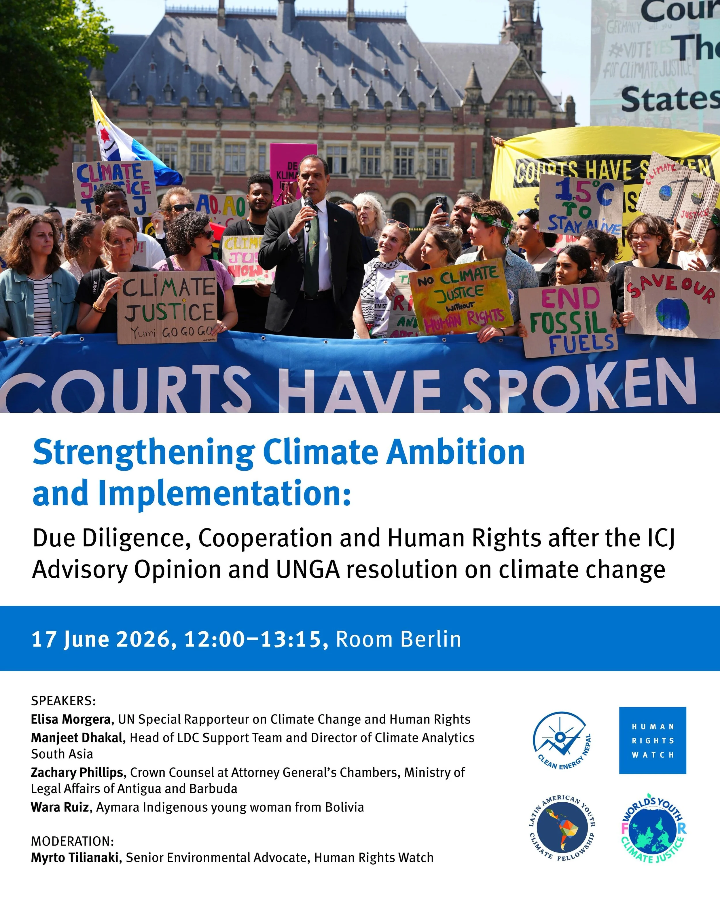 Tomorrow, an important conversation is happening in Bonn 💫

Join us to our side-event: Strengthening Climate Ambition and Implementation: Due Diligence, Cooperation and Human Rights after the ICJ Advisory Opinion and UNGA Resolution on Climate Chang
