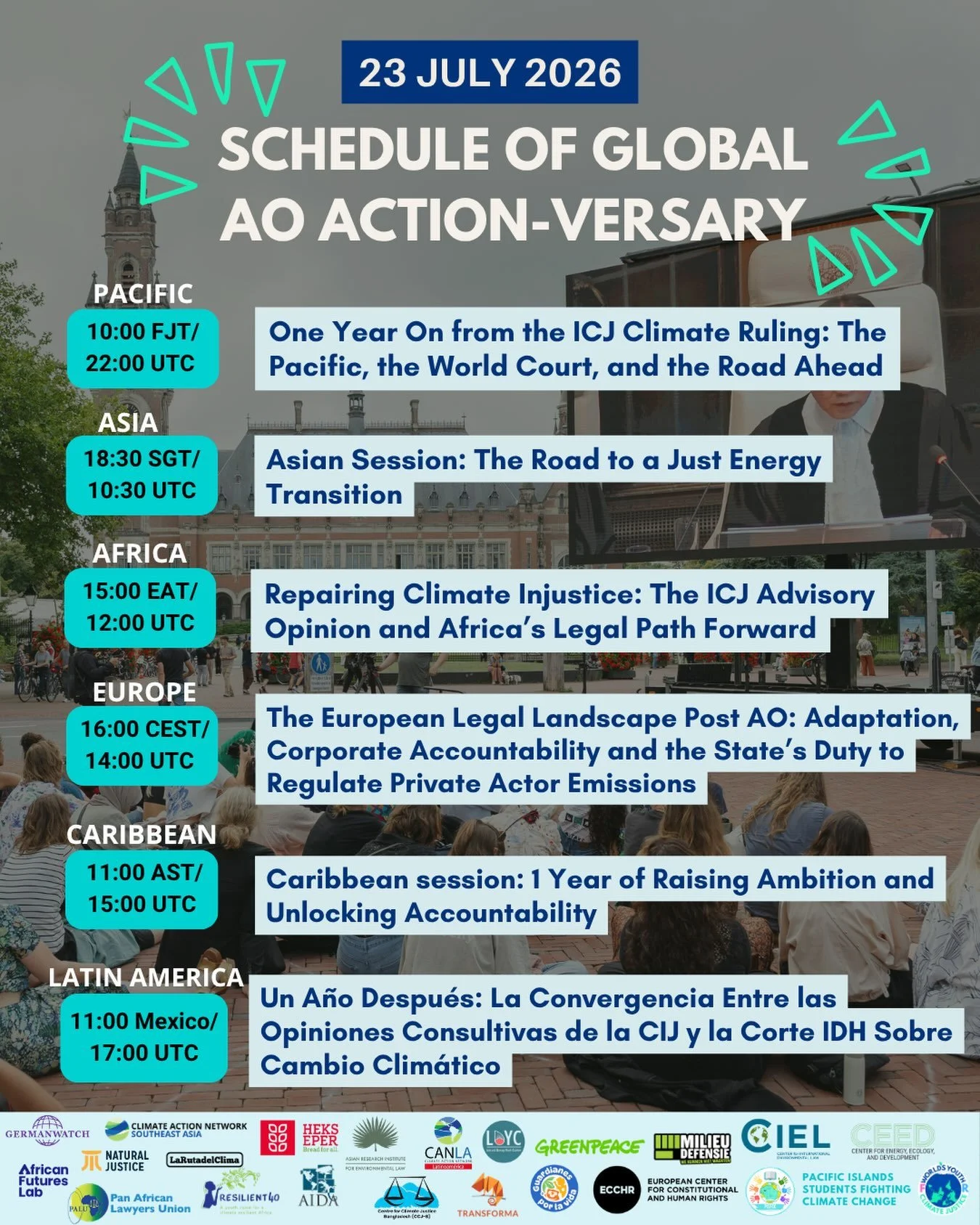 Join us on the 23rd to celebrate one year of the historic ICJ advisory opinion! 🌍⚖️

On 23 July 2025, the ICJ delivered a historic climate ruling outlining States&rsquo; obligations under international law regarding climate change. One year on, we&r