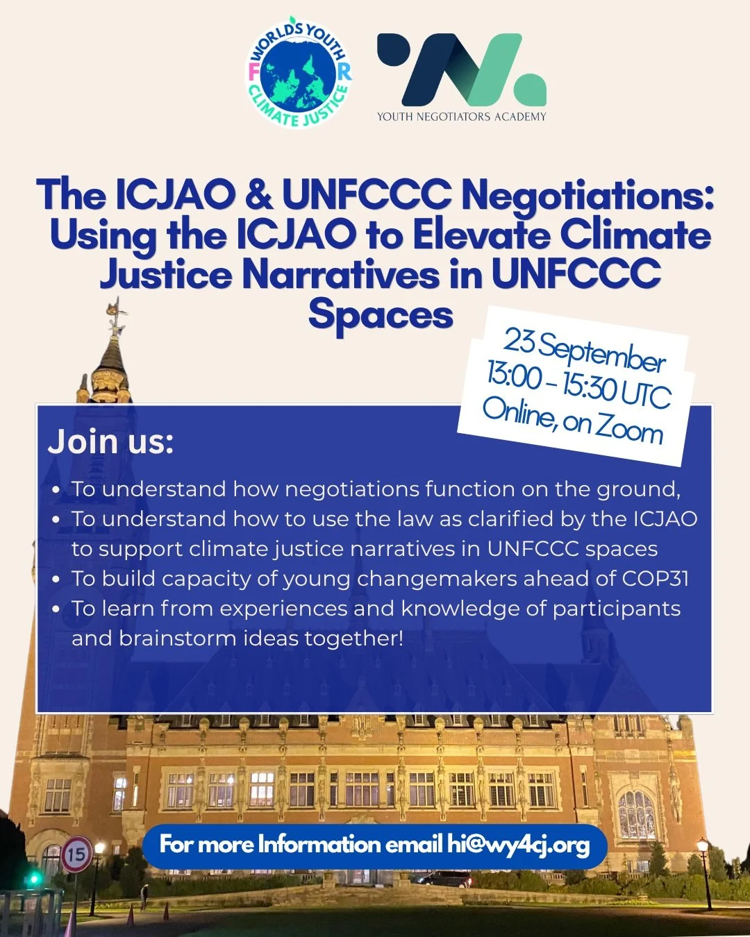 Join us on 23 September at 13:00 - 15:30 UTC online for &ldquo;The ICJAO and UNFCCC Negotiations: Using the ICJAO to Elevate Climate‑Justice Narratives in UNFCCC spaces&rdquo; workshop! 🌎

Using the momentum provided by the ICJAO and ahead of COP31,
