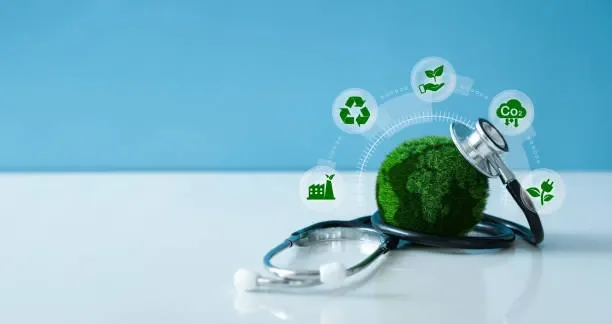 A stethoscope with a moss-covered ball as the chest piece, symbolizing eco-friendly healthcare, with icons representing recycling, sustainability, and environmental care surrounding it.