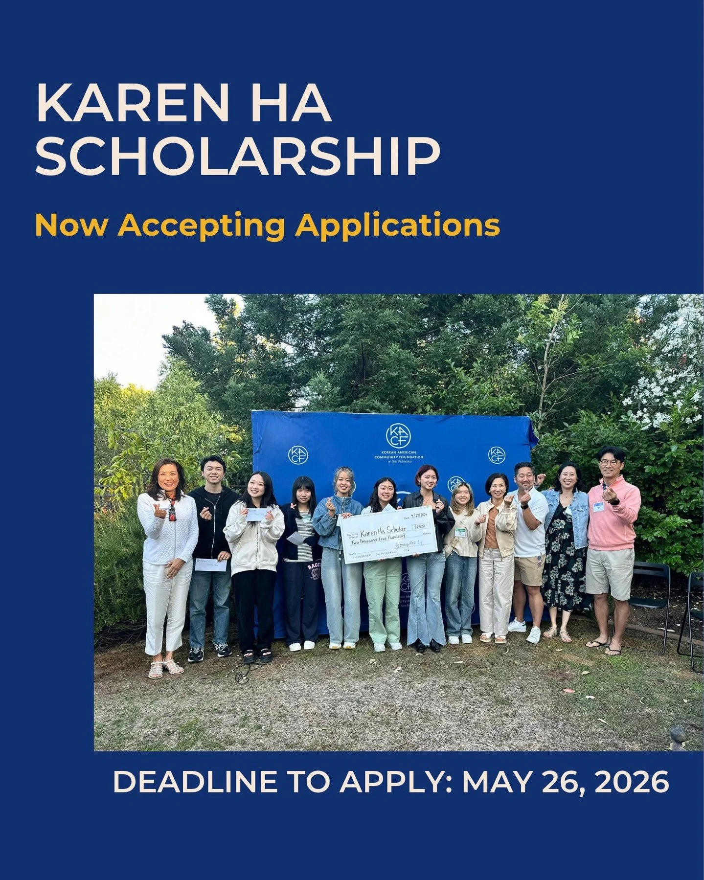 Apply by May 26: The Karen Ha Scholarship 🎓

At KACF-SF, we are committed to supporting all students who demonstrate resilience, leadership, and a commitment to the Korean American community. We are currently accepting applications for the Karen Ha 
