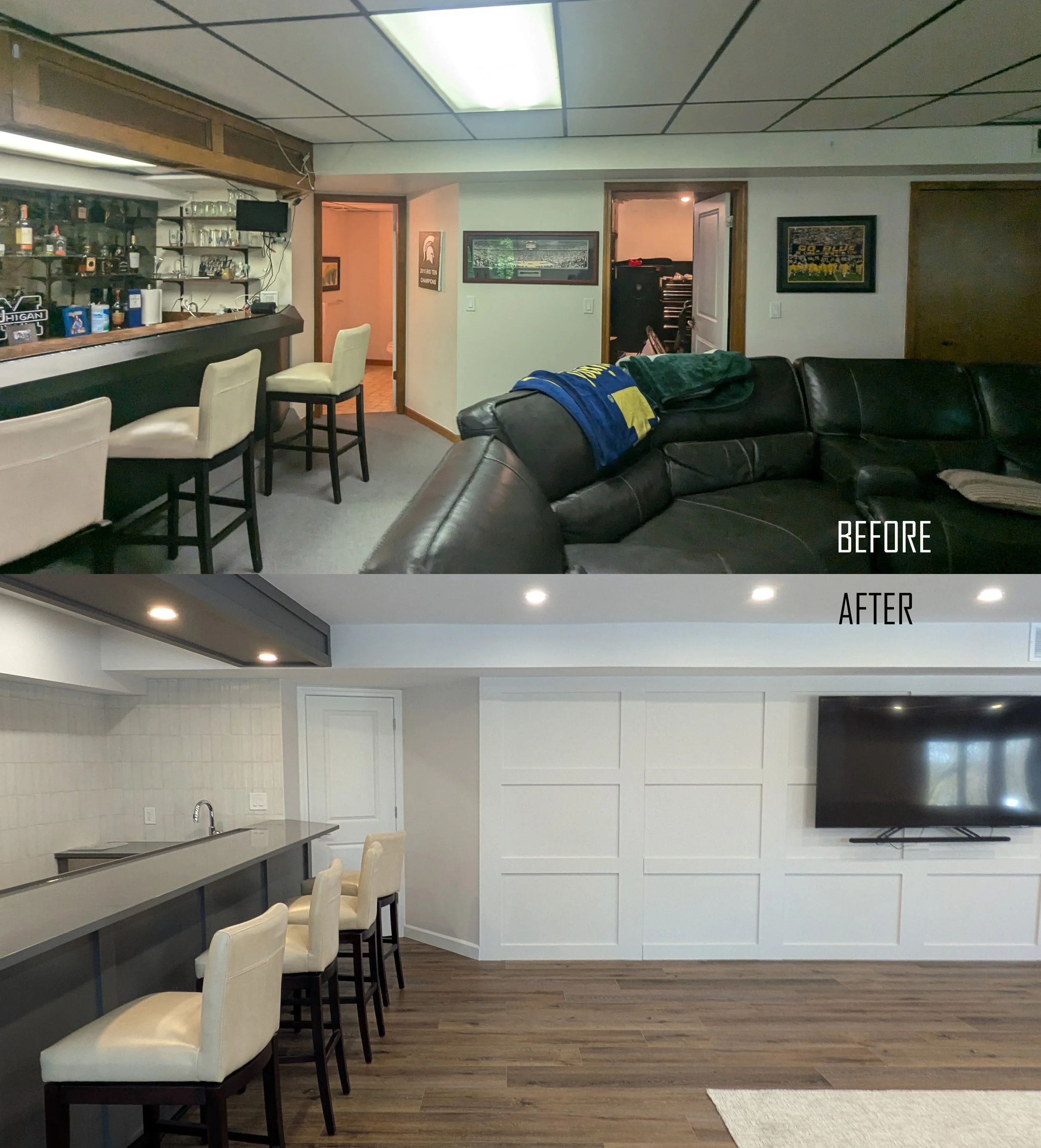 Before and after images of a basement renovation. The 'before' image shows a dimly lit, dated basement with a bar area, barstools, and a black leather sectional sofa. The 'after' image displays a bright, modern basement with light-colored walls, whit
