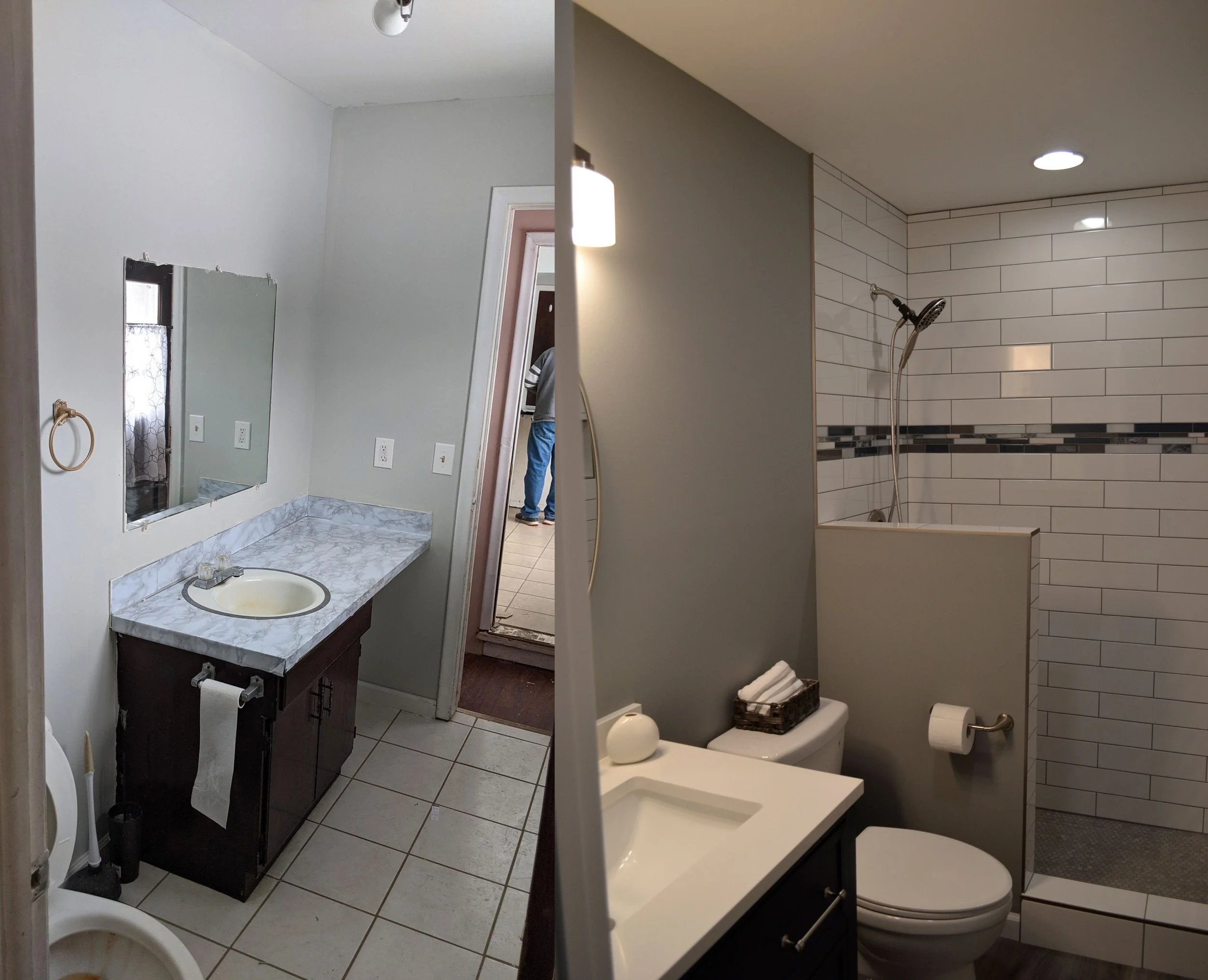 Side-by-side comparison of two bathrooms showing before and after renovations. The left bathroom features an older, unfinished look with a damaged mirror, a marbled countertop with a sink, and a toilet with a partially visible toilet paper roll. The 
