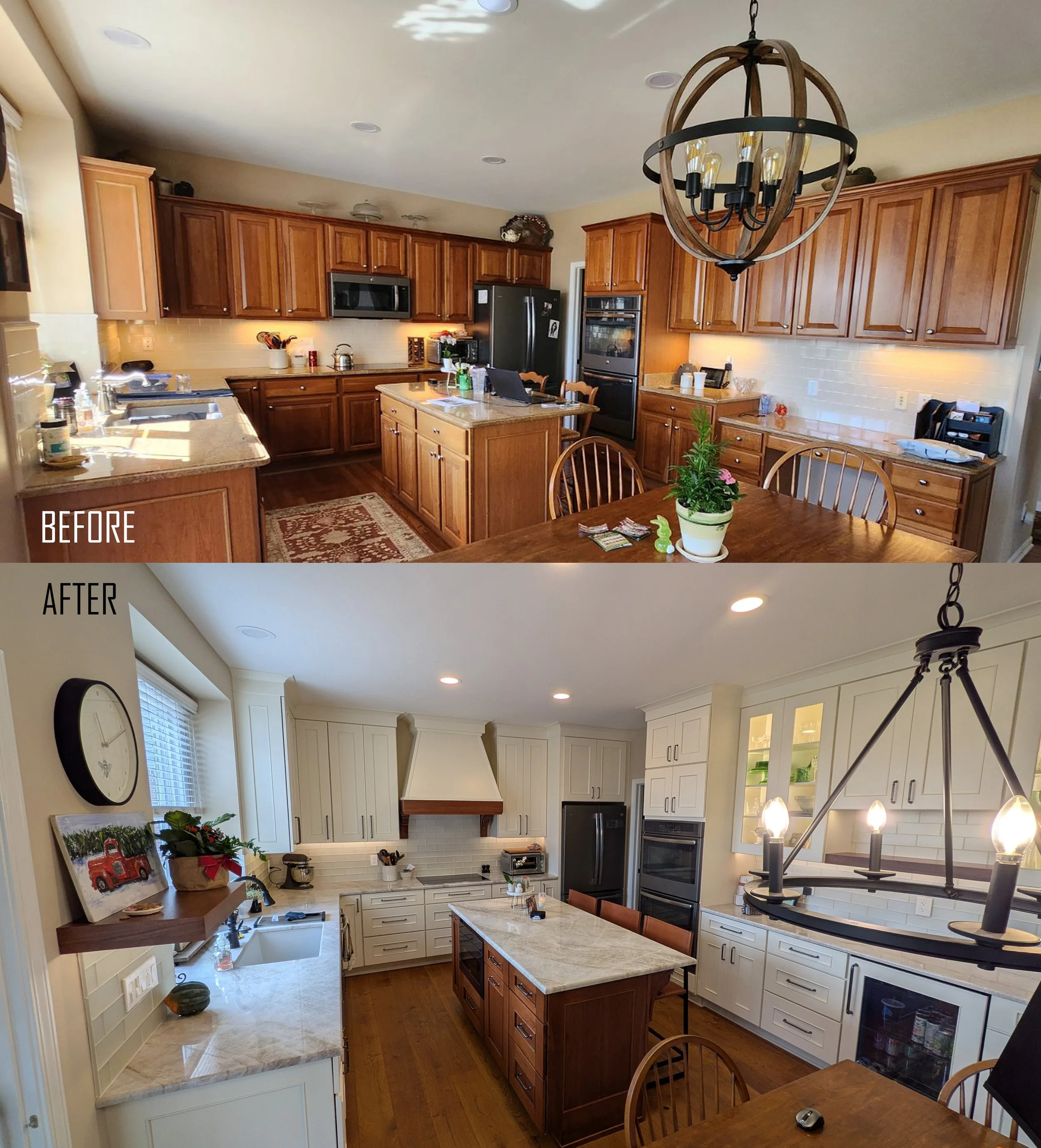 Side-by-side comparison of a kitchen before and after renovation. The 'before' image shows a traditional wooden kitchen with brown cabinets, a patterned rug, and natural light. The 'after' image features a modern, white kitchen with white cabinets, a