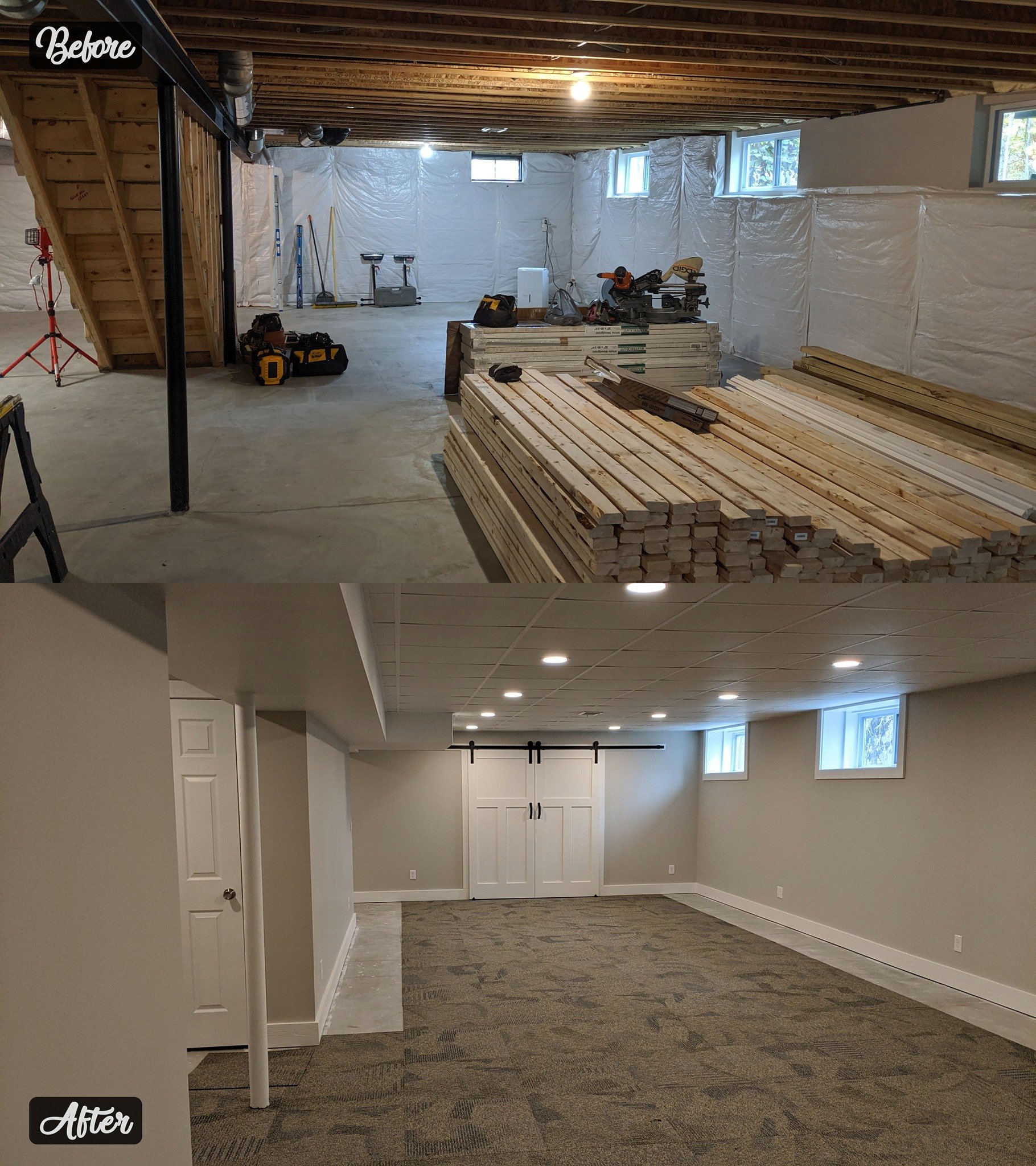 Comparison of a basement under construction with exposed framing and insulation to a finished basement with painted walls, carpeted floor, and ceiling lights.