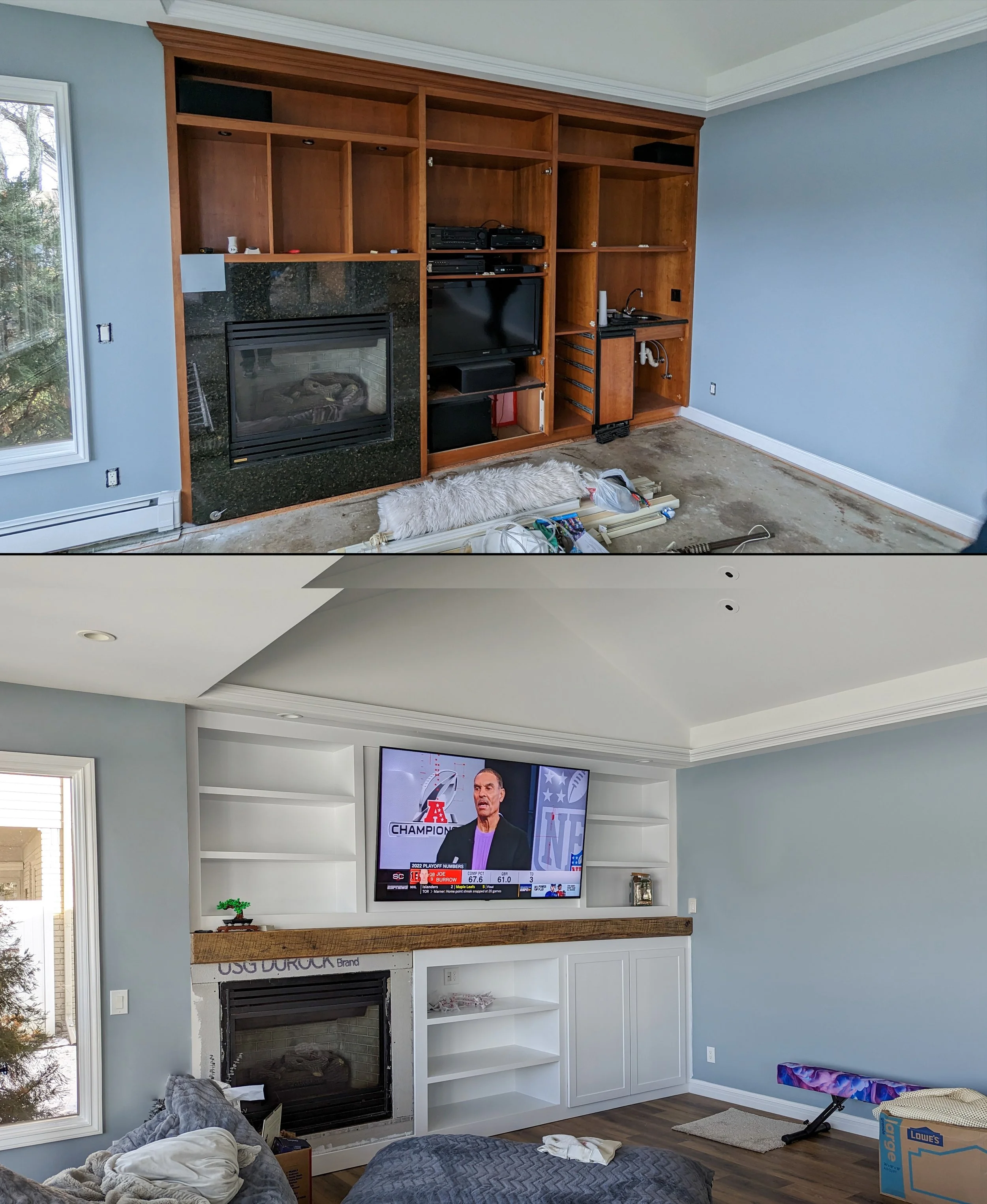 Before and after images of a living room fireplace area; the top shows the fireplace with an empty wooden built-in shelving unit and construction tools, the bottom shows the completed renovation with a painted and decorated fireplace with a large TV,