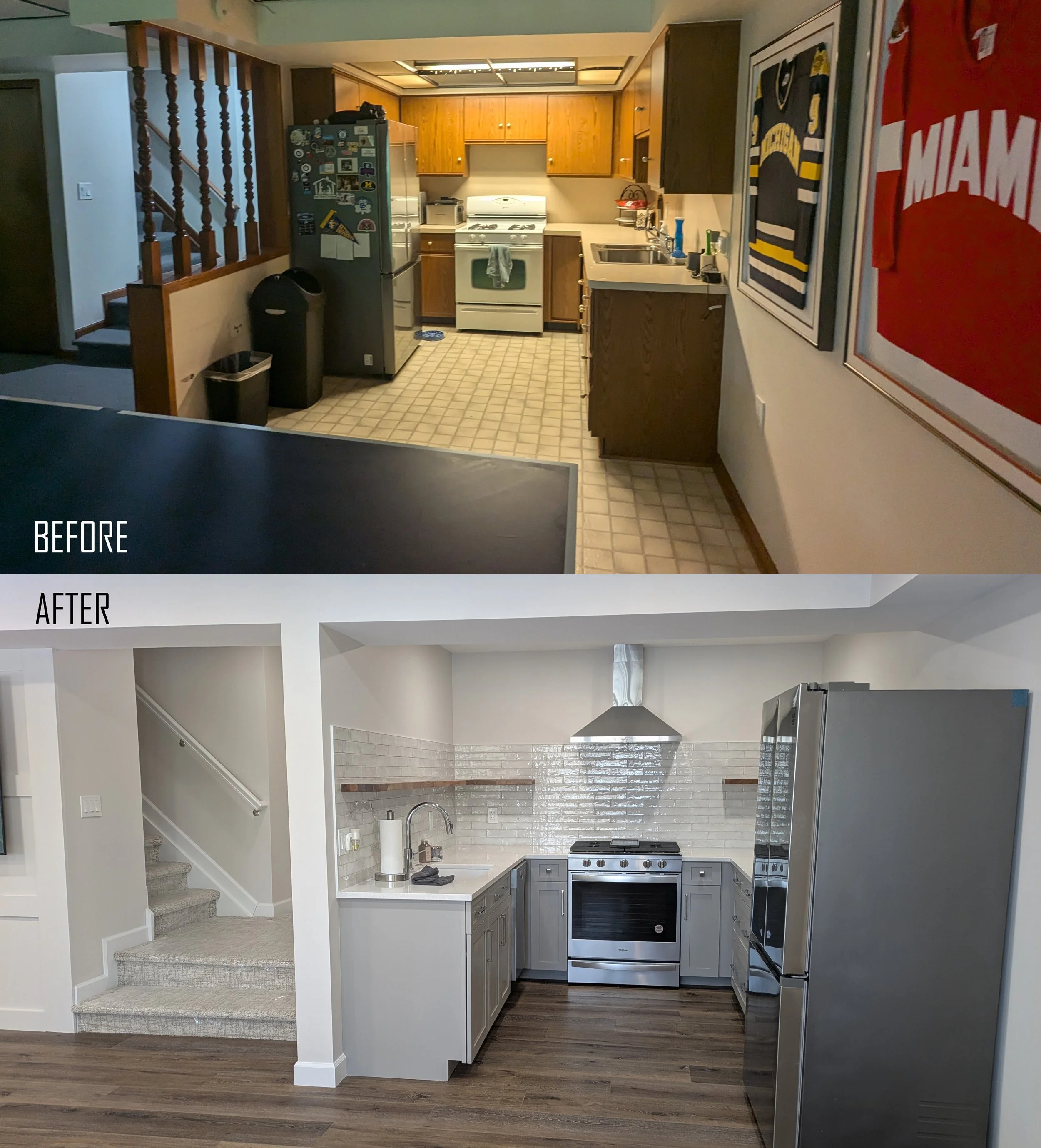 Comparison of a kitchen before and after renovation. The before image shows an older kitchen with dark wood cabinets, beige wall tiles, and vintage appliances, while the after image features a modern kitchen with light gray cabinets, a white subway t