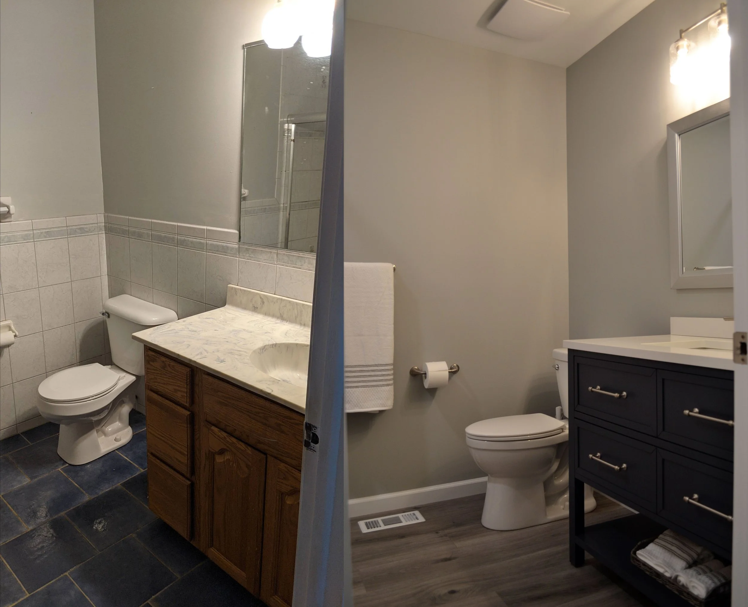 A bathroom before and after renovation, showing a toilet, sink, mirror, and vanity on the left side, and a new toilet, vanity, and mirror on the right side.